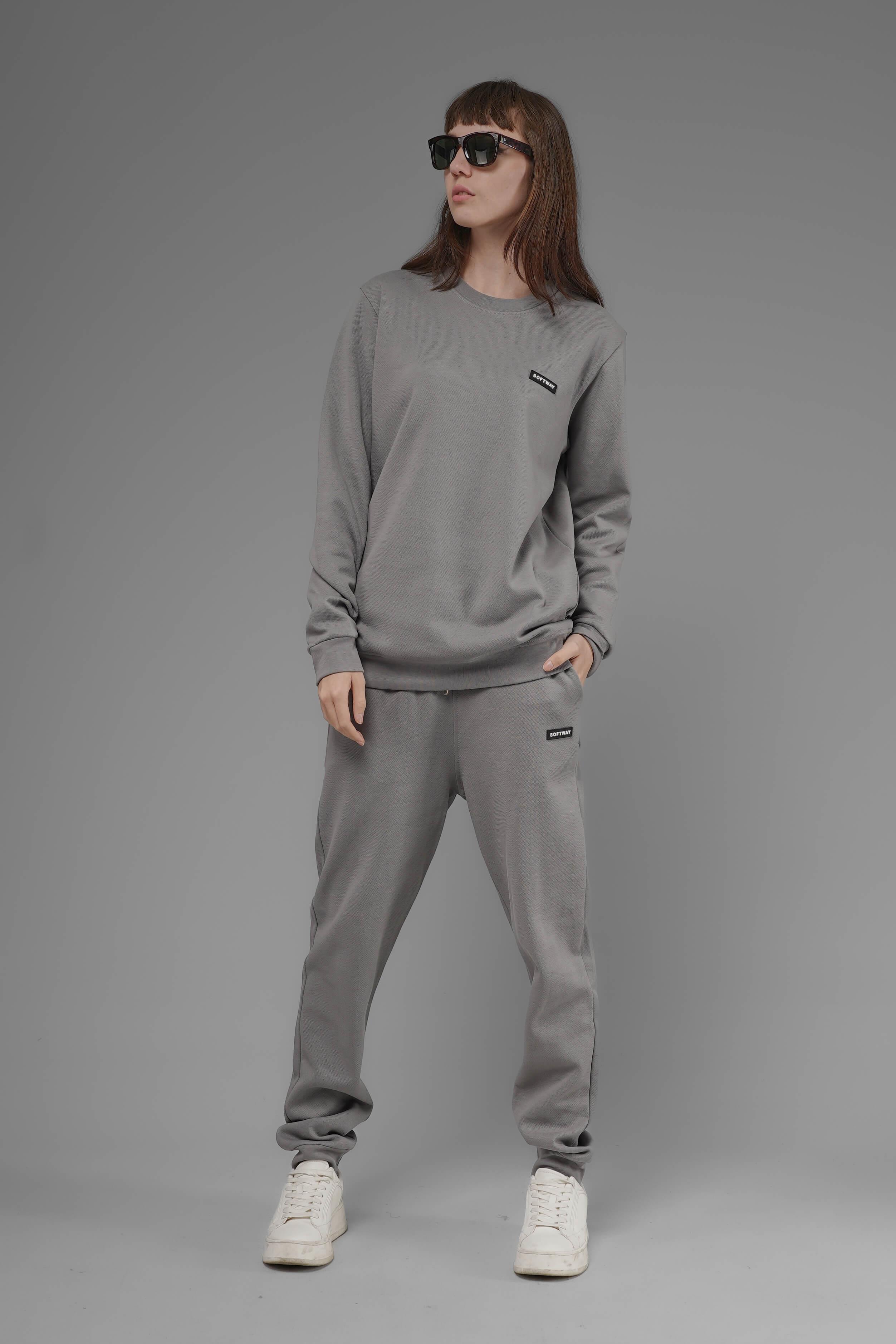 Unisex Regular Fit Bisiklet Yaka Dokulu İnterlok Pike Sweatshirt - Gri