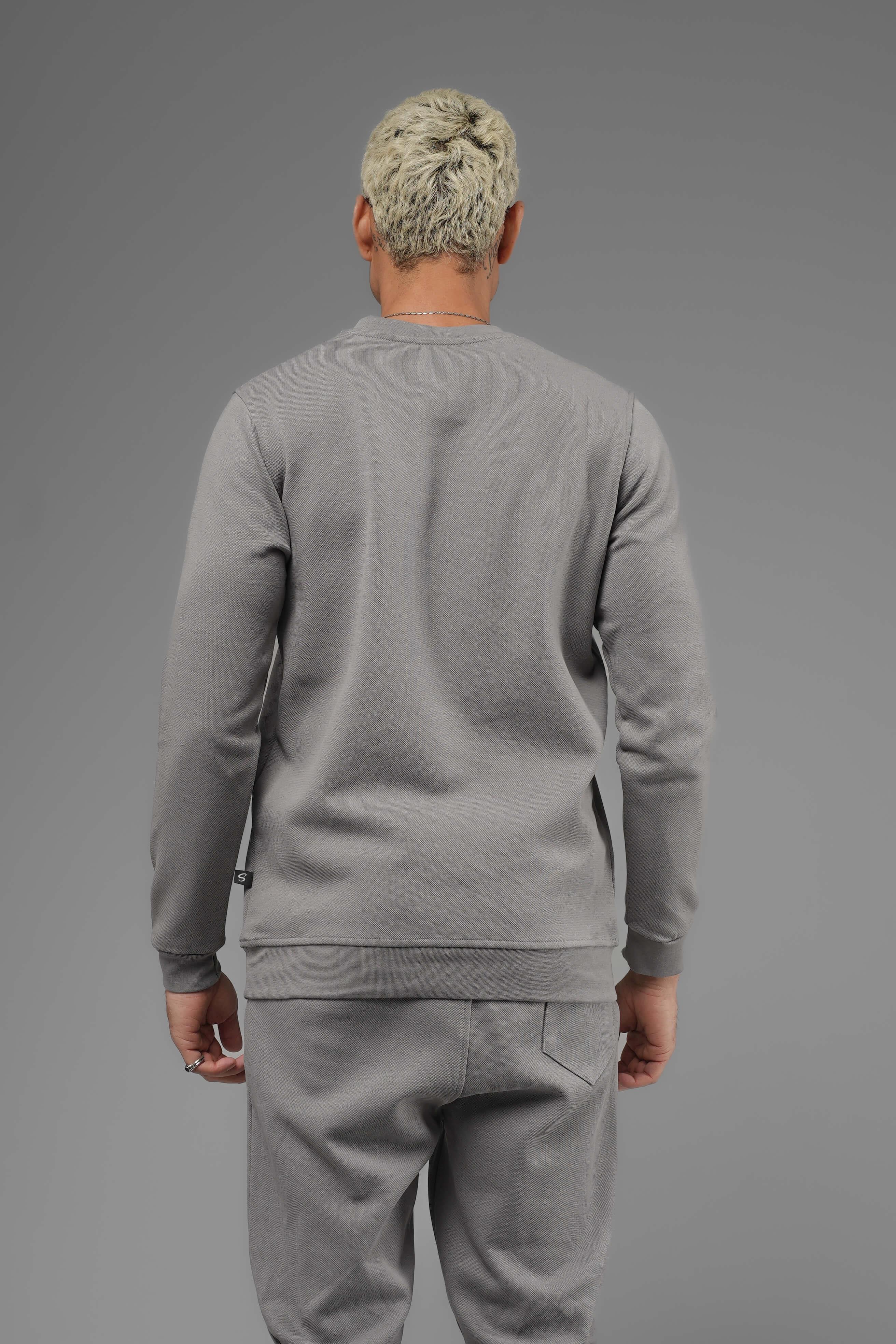 Unisex Regular Fit Bisiklet Yaka Dokulu İnterlok Pike Sweatshirt - Gri