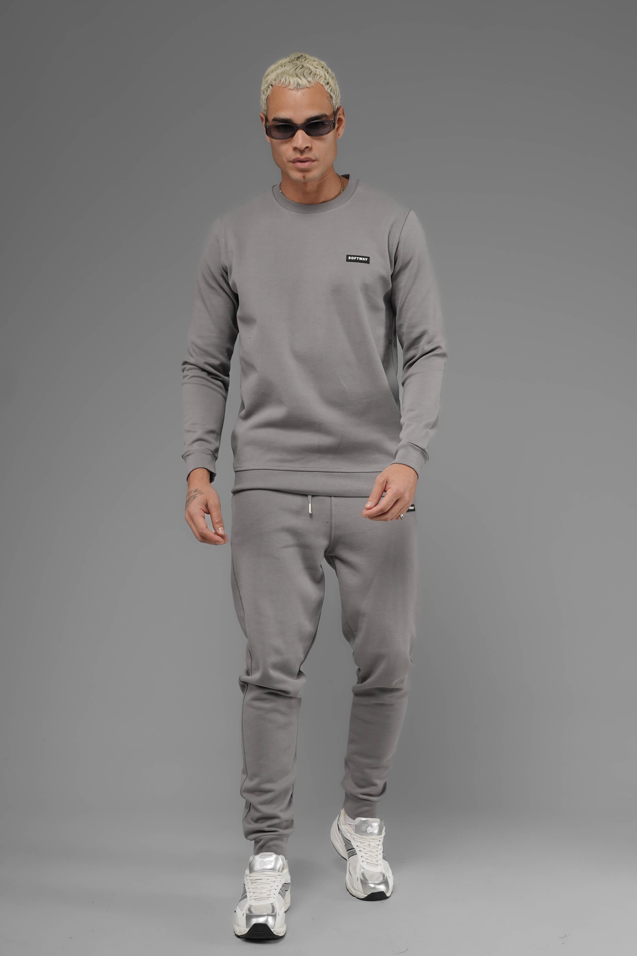 Unisex Regular Fit Bisiklet Yaka Dokulu İnterlok Pike Sweatshirt - Gri