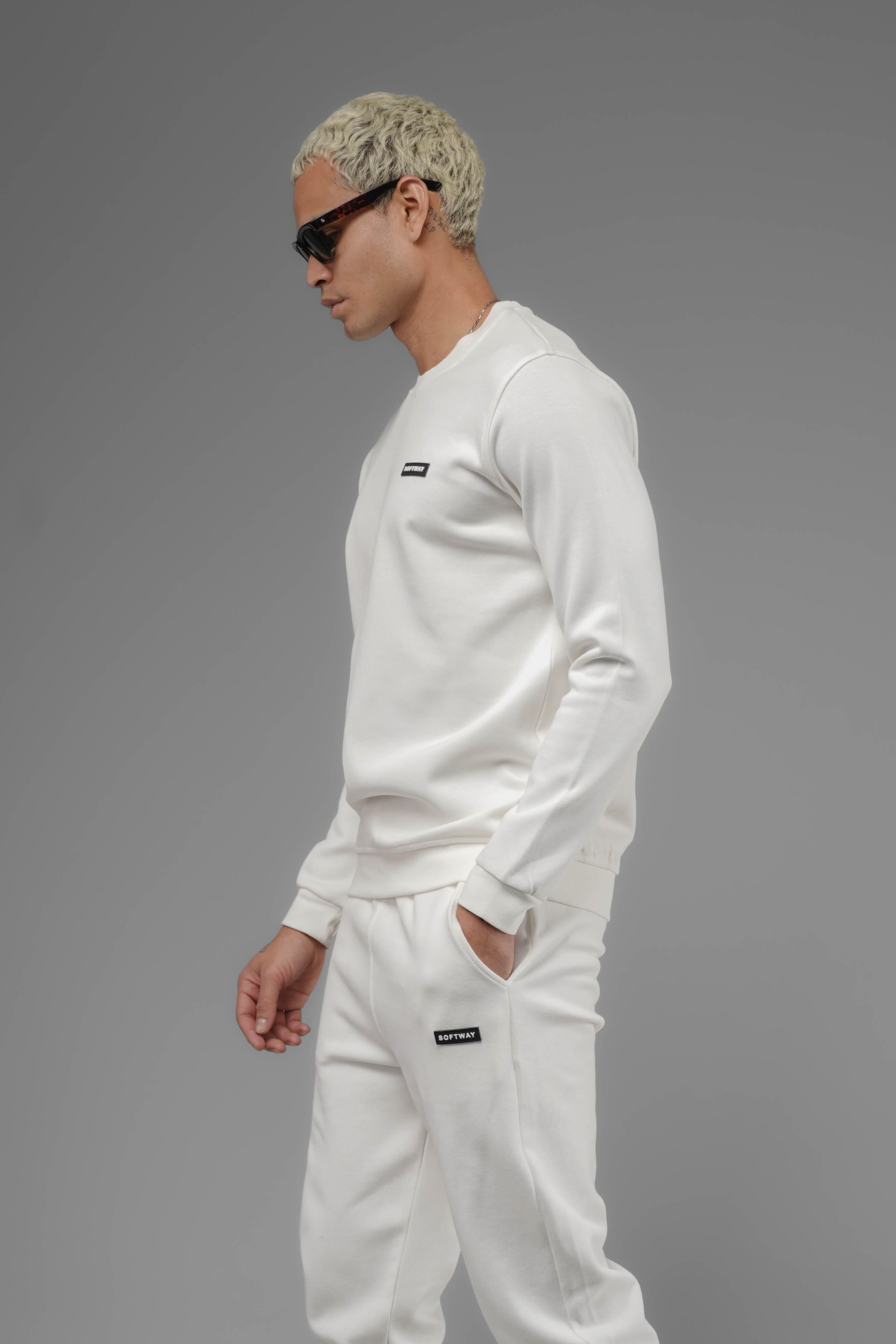 Unisex Regular Fit Bisiklet Yaka Dokulu İnterlok Pike Sweatshirt - Beyaz