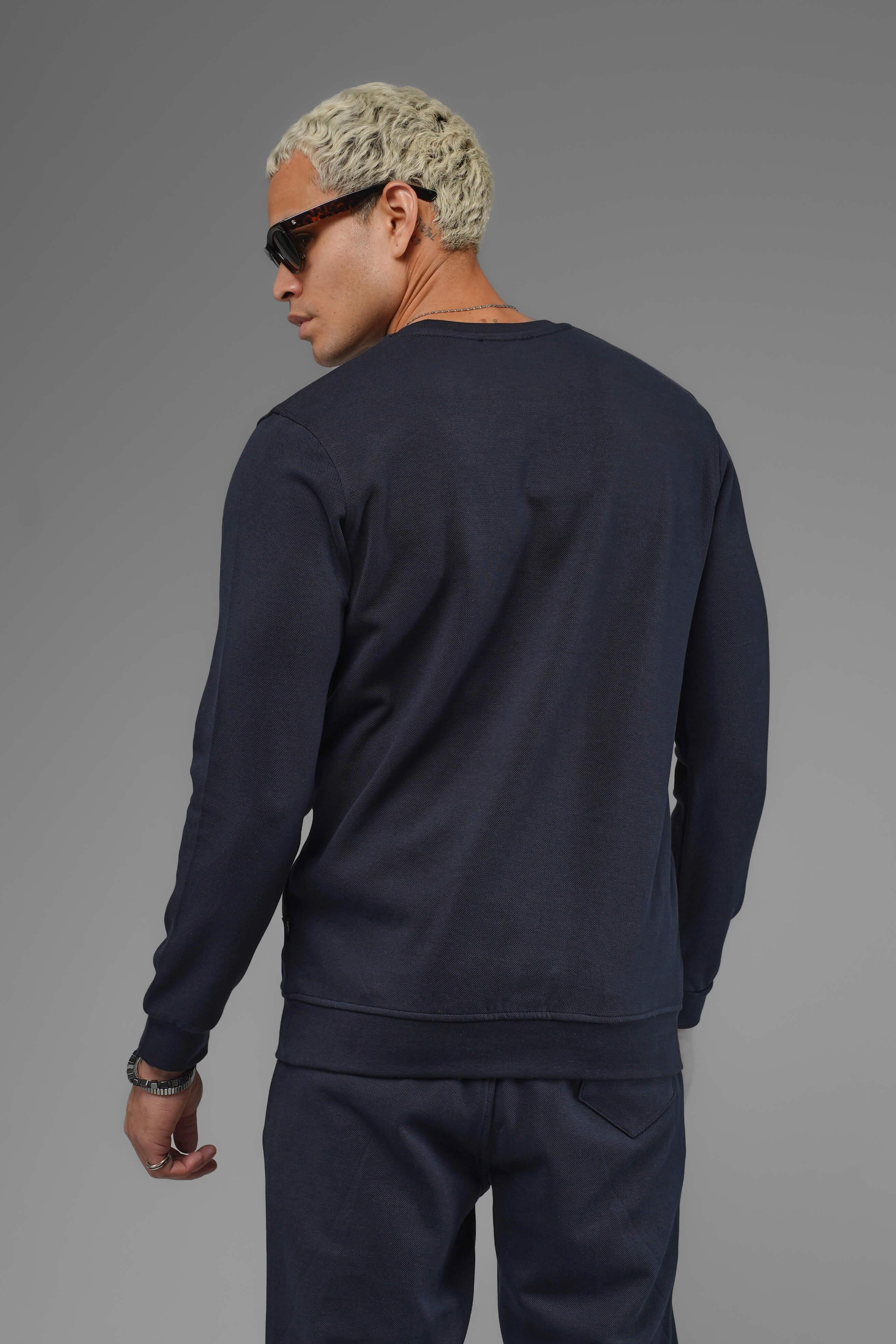 Unisex Regular Fit Bisiklet Yaka Dokulu İnterlok Pike Sweatshirt - Lacivert