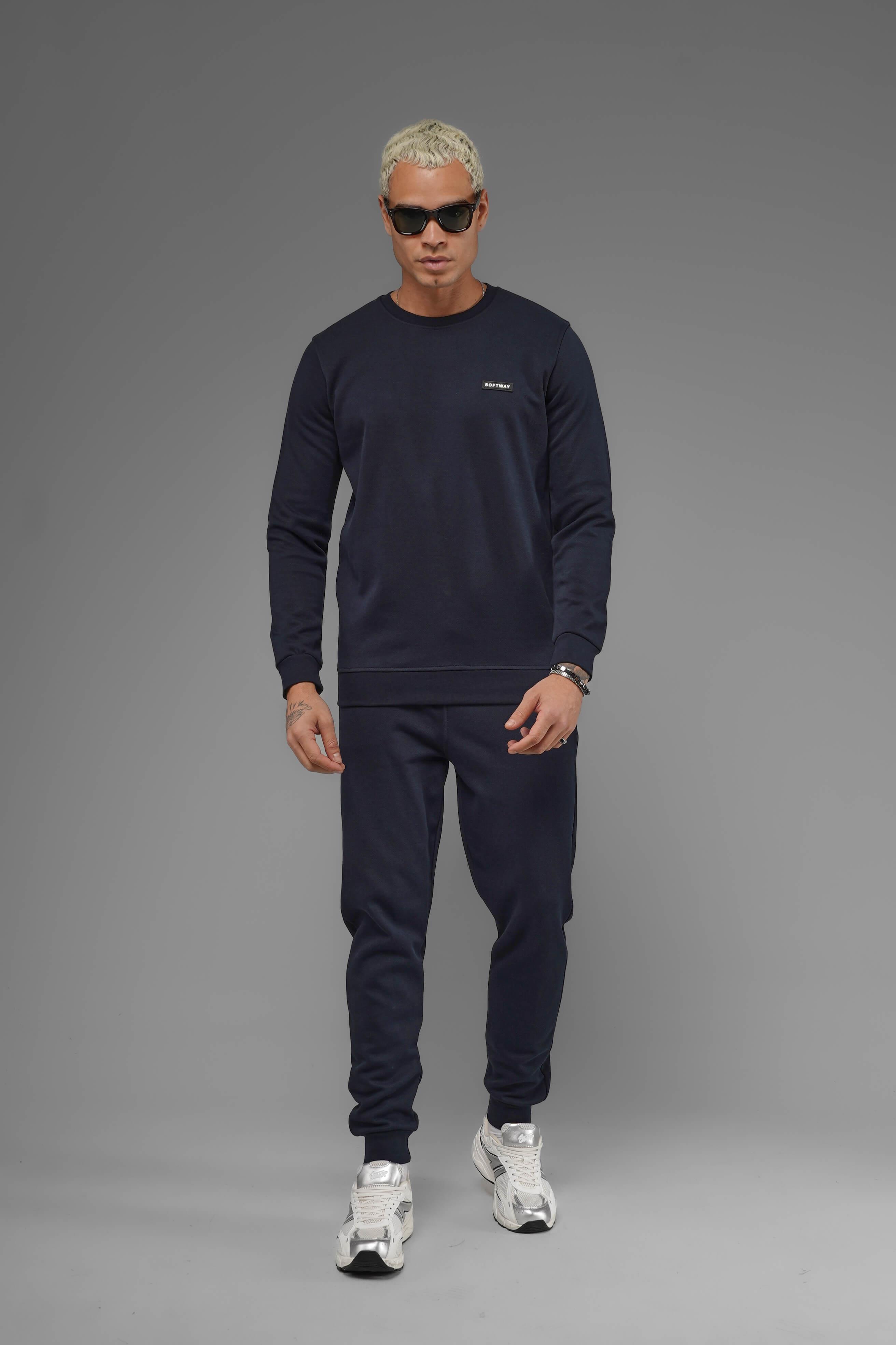 Unisex Regular Fit Bisiklet Yaka Dokulu İnterlok Pike Sweatshirt - Lacivert