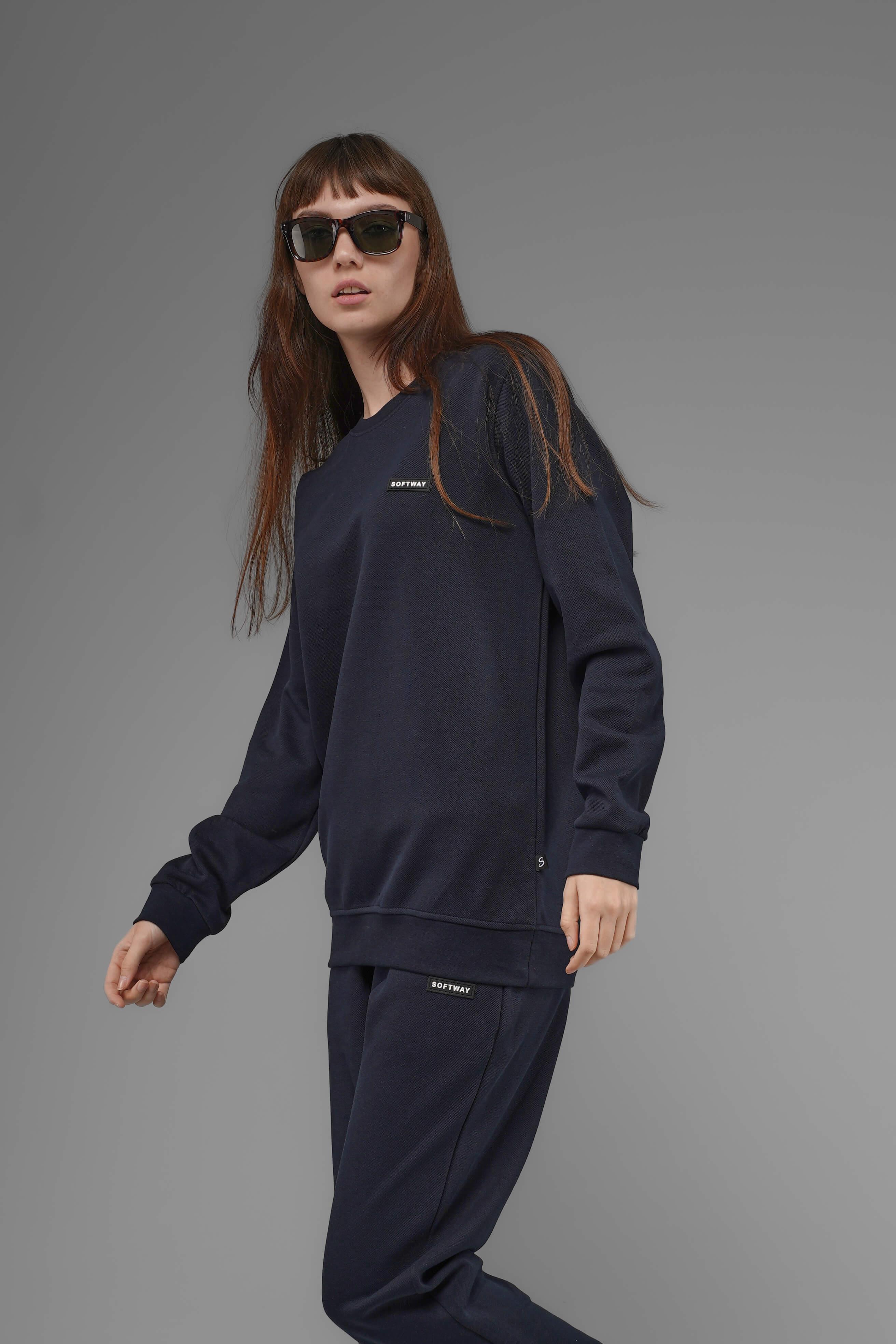 Unisex Regular Fit Bisiklet Yaka Dokulu İnterlok Pike Sweatshirt - Lacivert