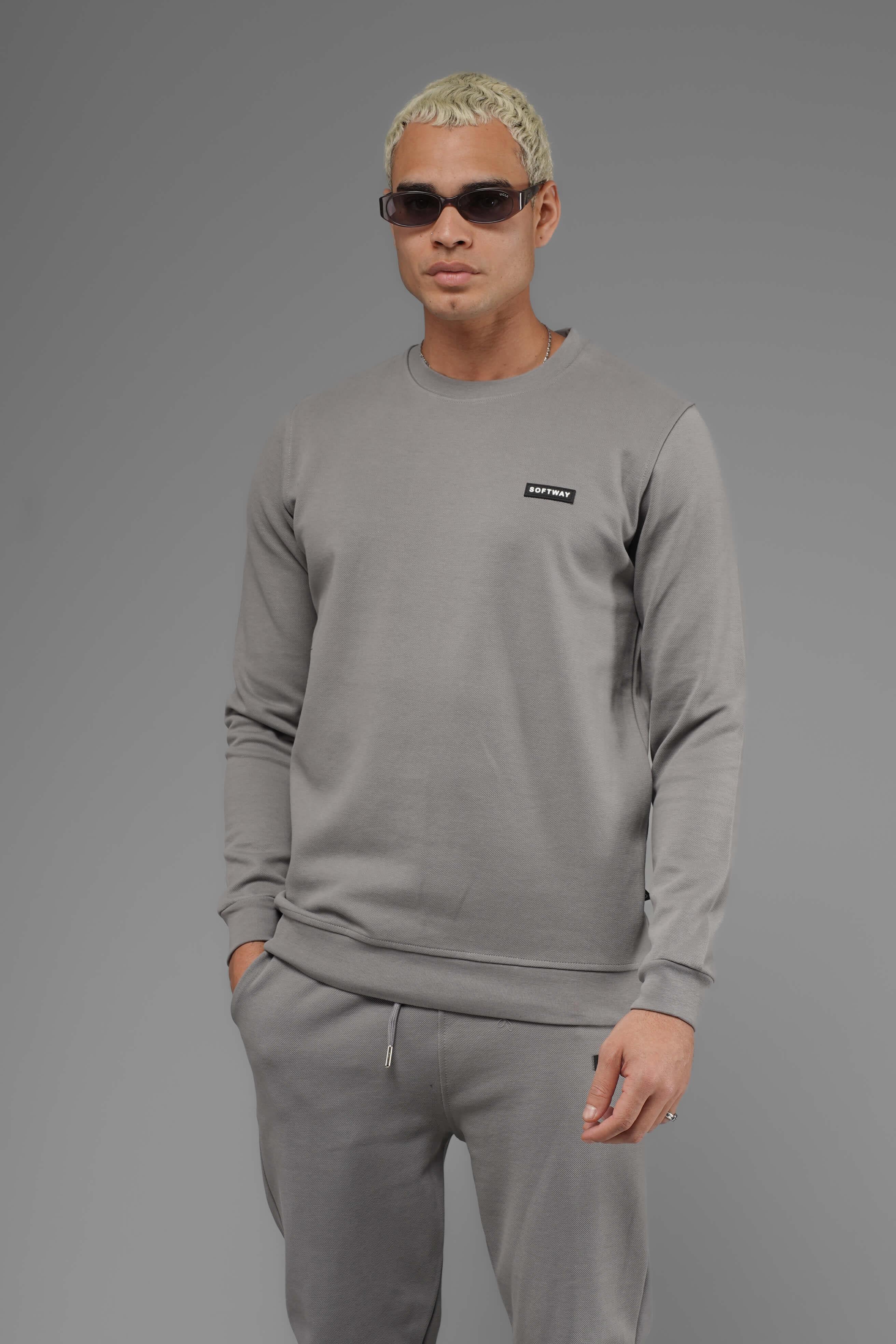 Unisex Regular Fit Bisiklet Yaka Dokulu İnterlok Pike Sweatshirt - Gri