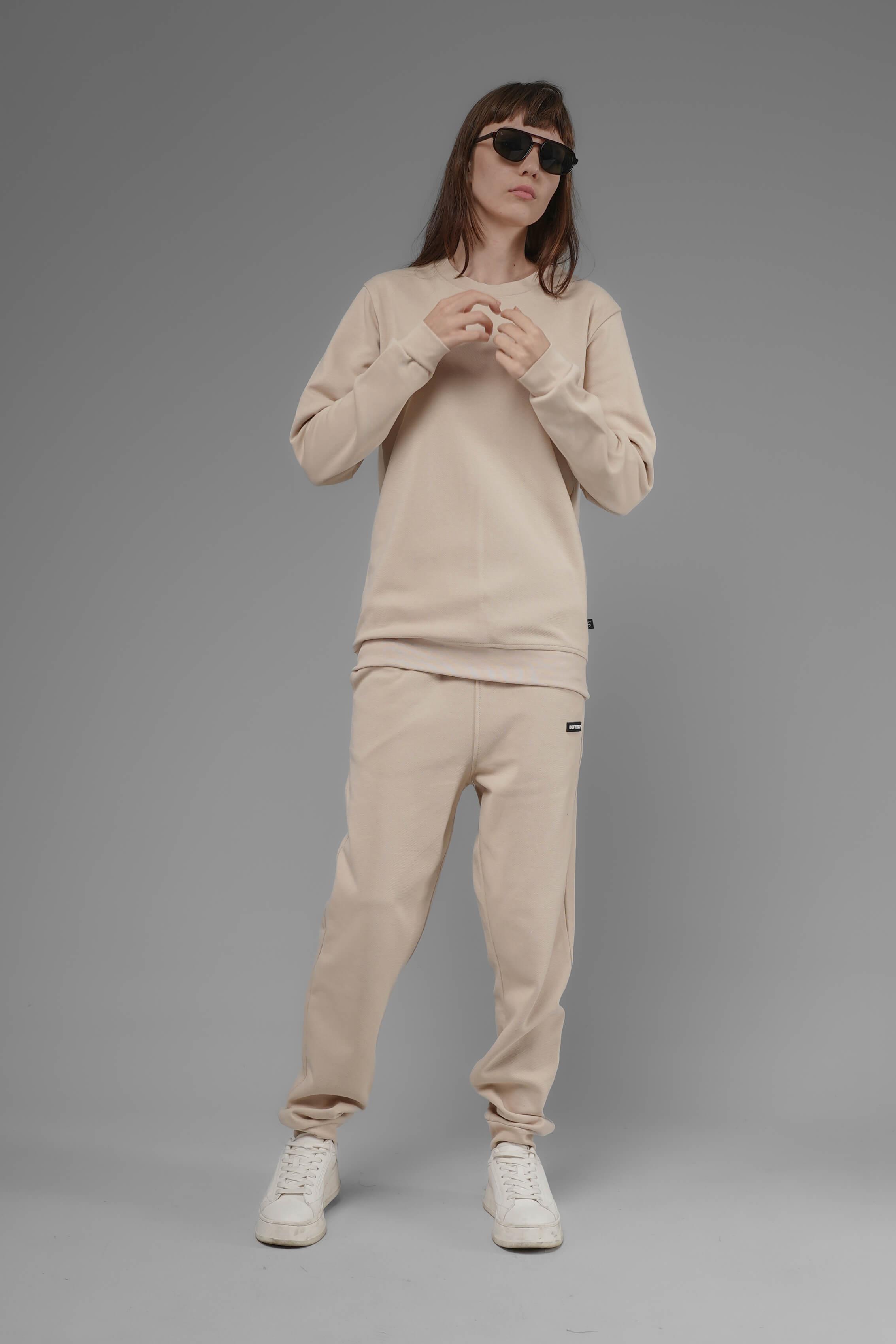 Unisex Regular Fit Bisiklet Yaka Dokulu İnterlok Pike Sweatshirt - Bej