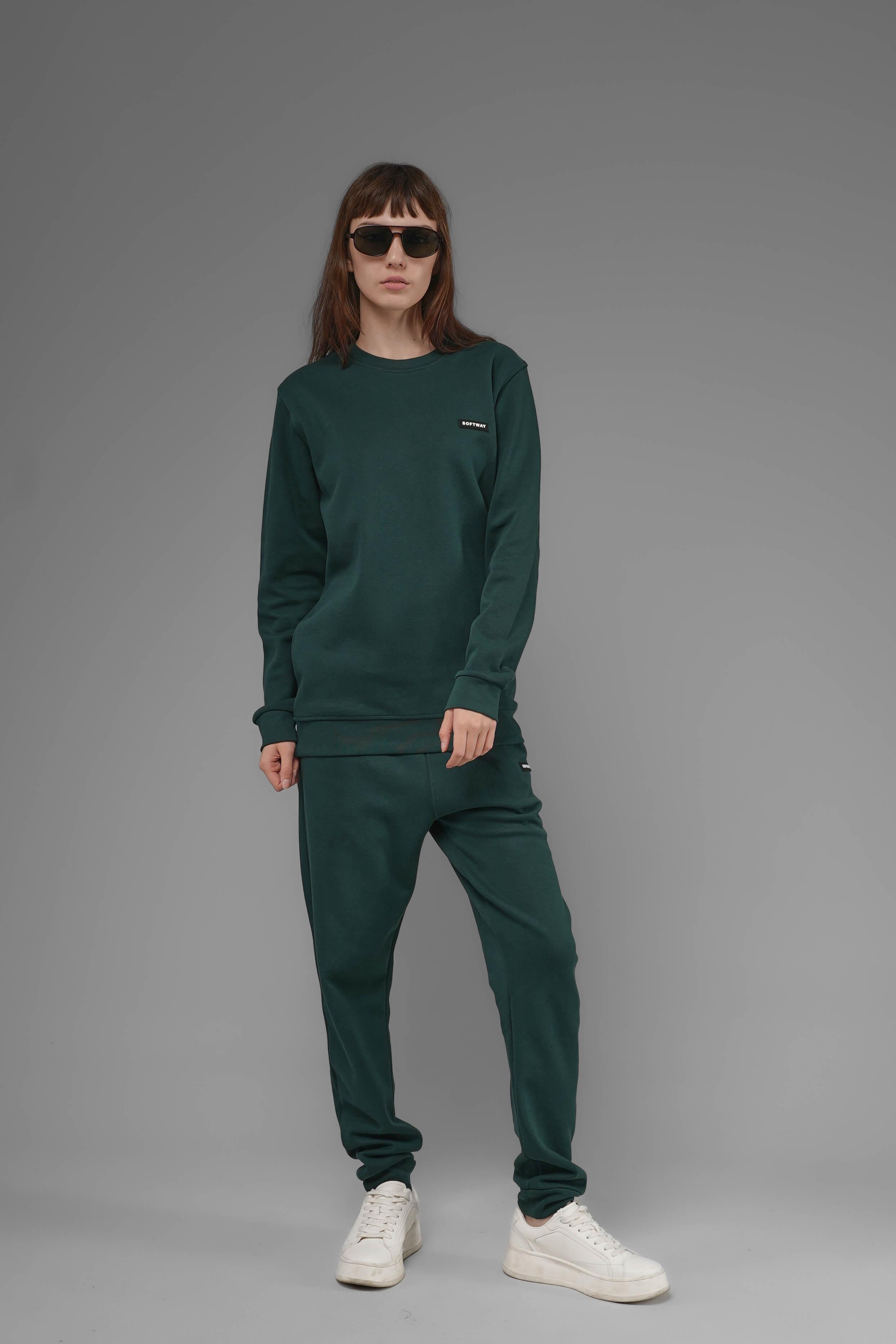 Unisex Regular Fit Bisiklet Yaka Dokulu İnterlok Pike Sweatshirt - Koyu Yeşil
