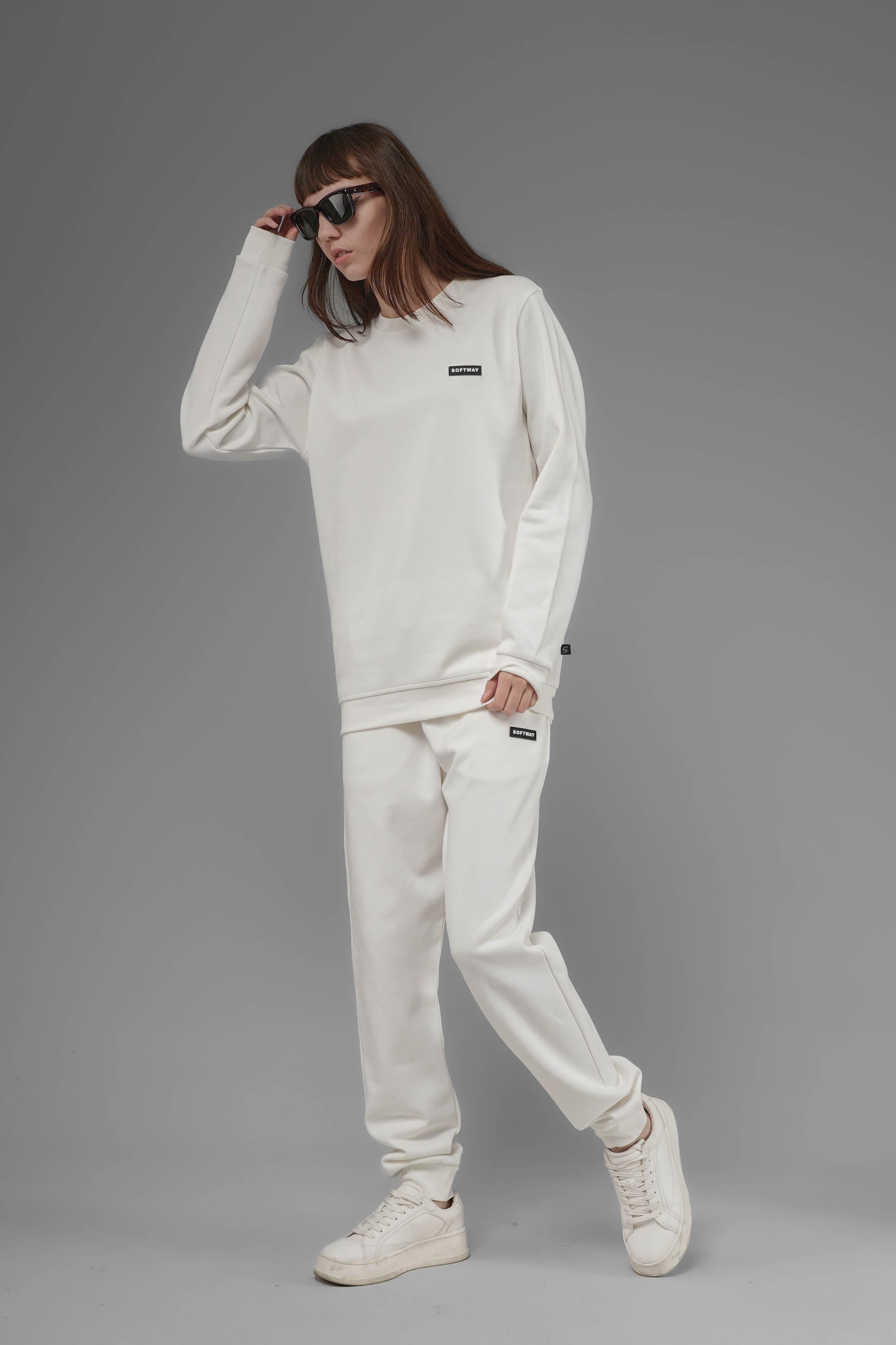 Unisex Regular Fit Bisiklet Yaka Dokulu İnterlok Pike Sweatshirt - Beyaz
