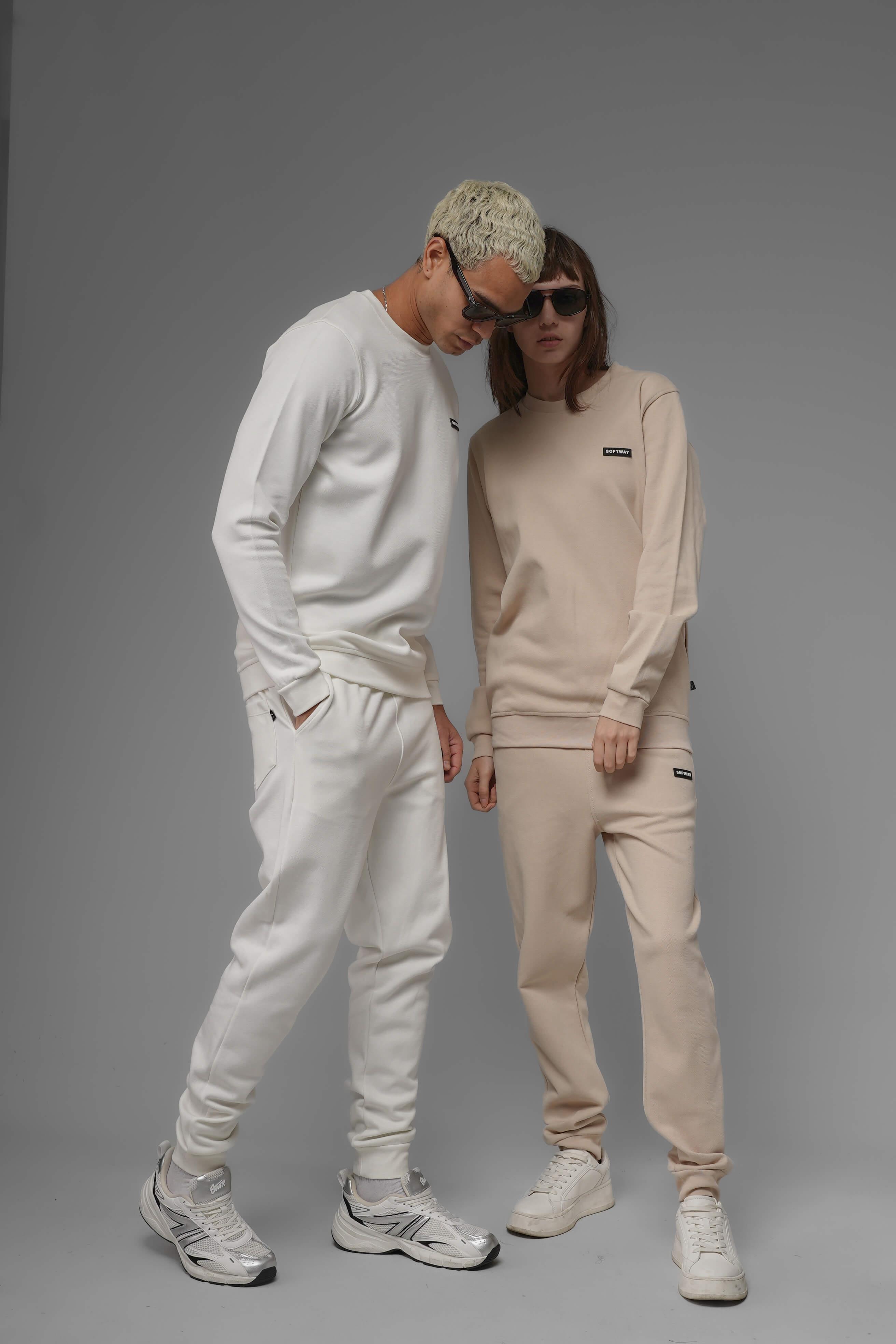 Unisex Regular Fit Bisiklet Yaka Dokulu İnterlok Pike Sweatshirt - Bej