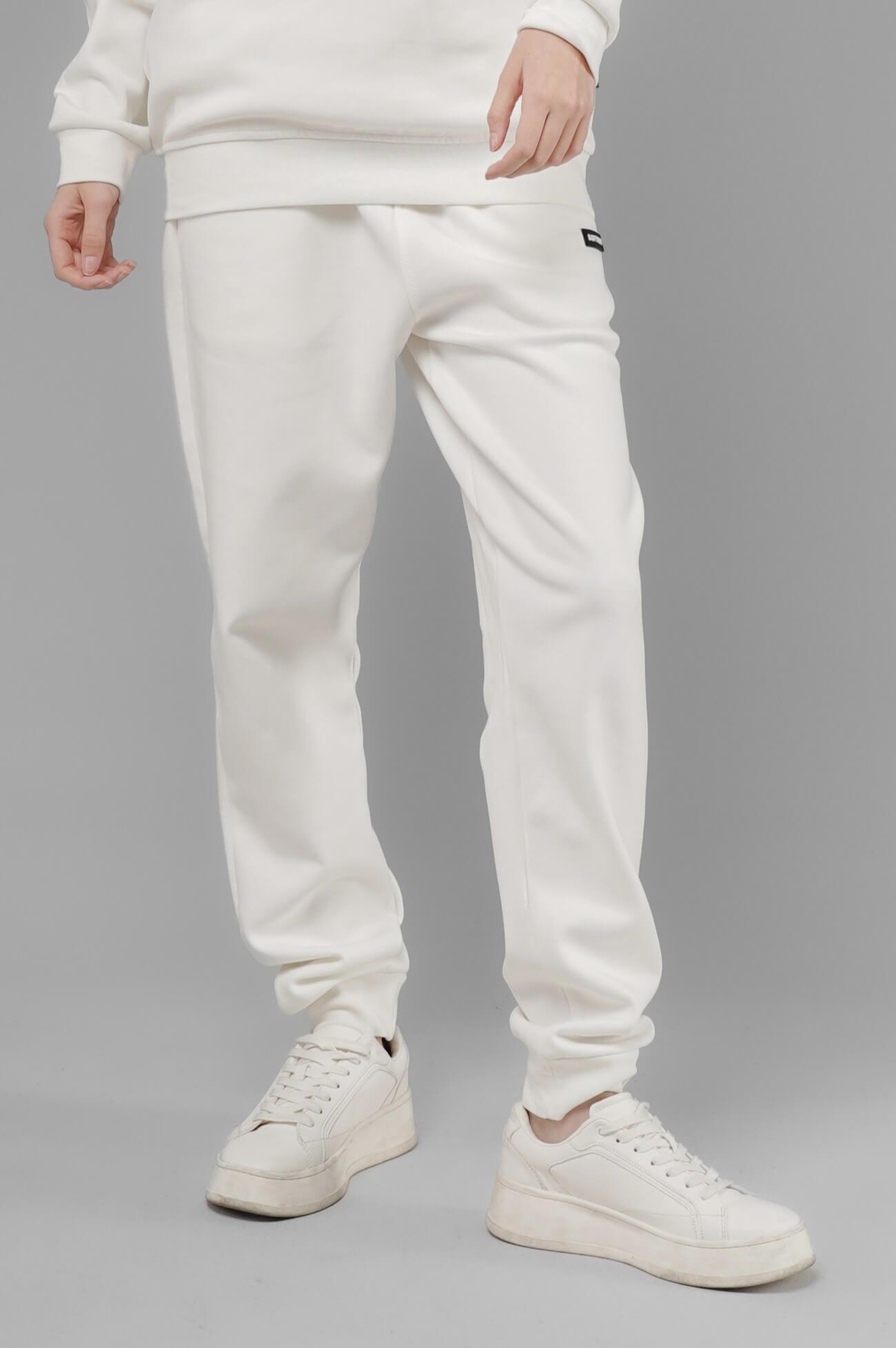 Unisex Regular Fit Cepli İnterlok Pike Eşofman Altı - Beyaz