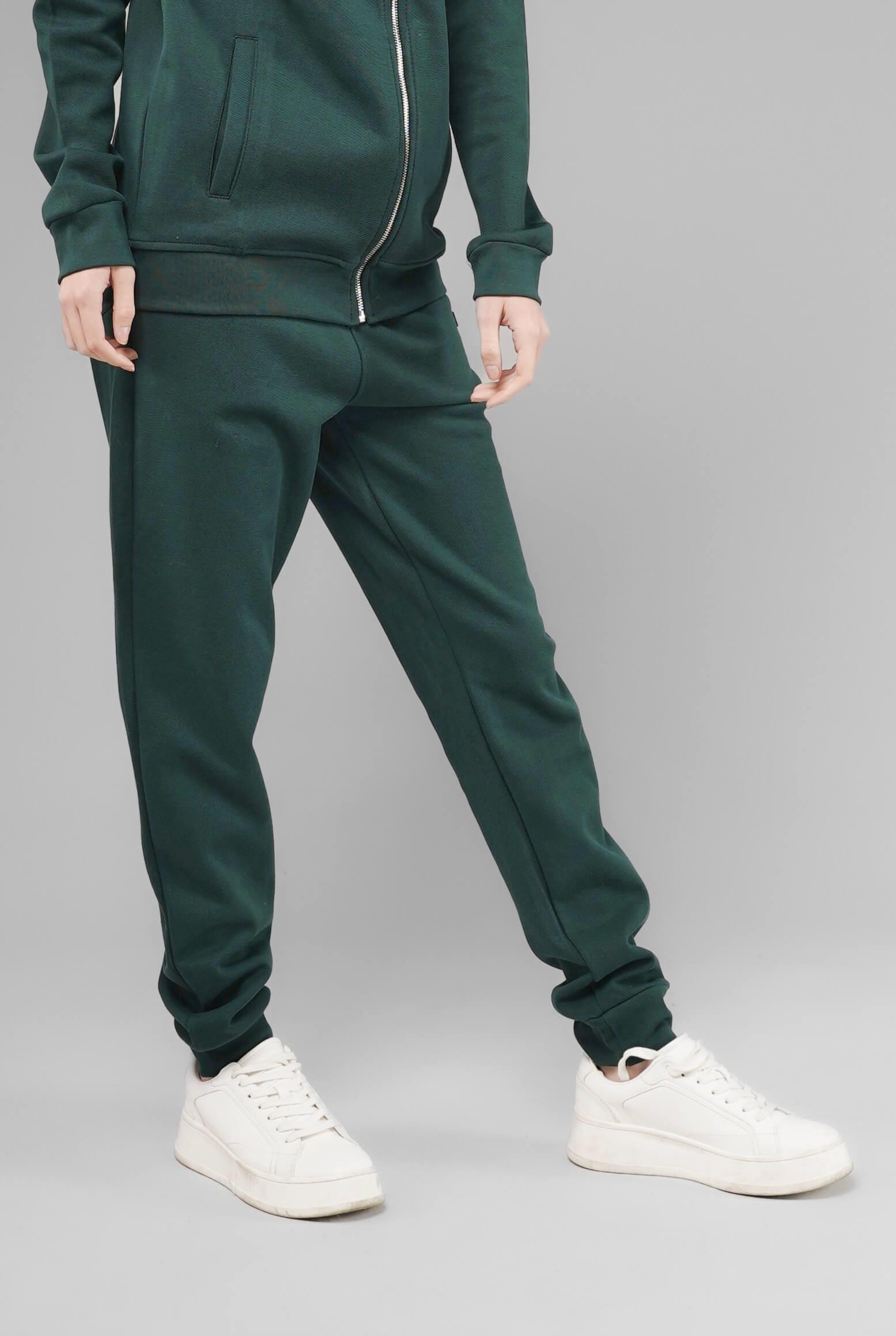 Unisex Regular Fit Cepli İnterlok Pike Eşofman Altı - Koyu Yeşil