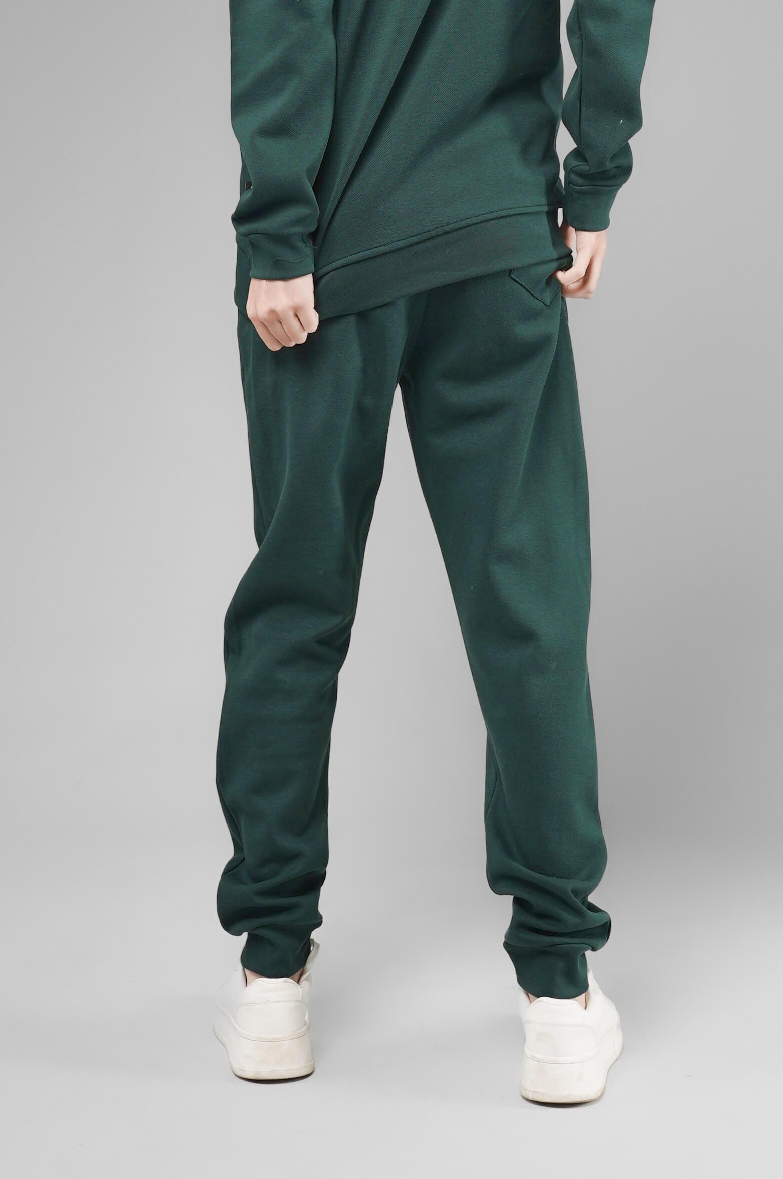 Unisex Regular Fit Cepli İnterlok Pike Eşofman Altı - Koyu Yeşil