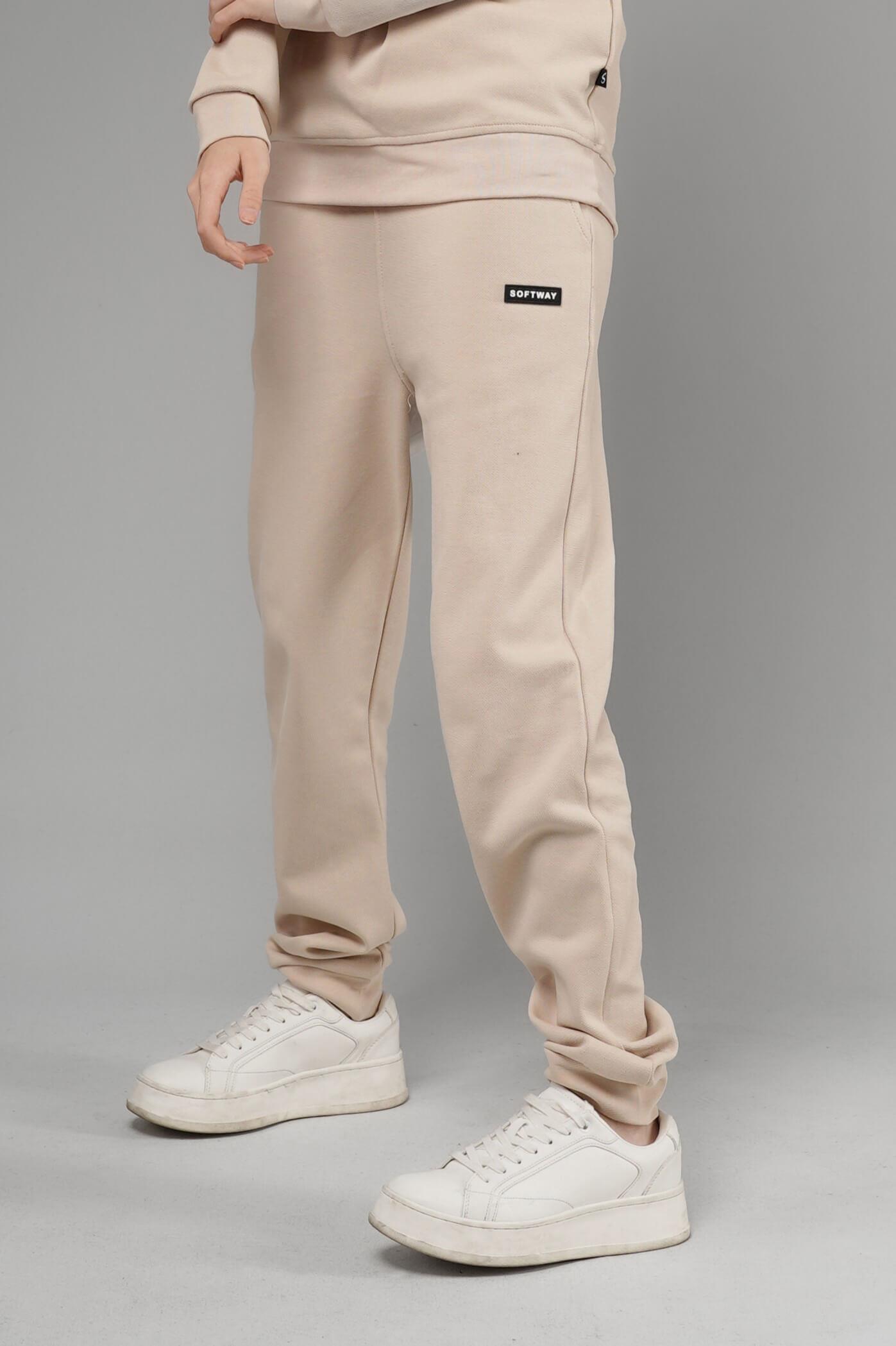 Unisex Regular Fit Cepli İnterlok Pike Eşofman Altı - Bej