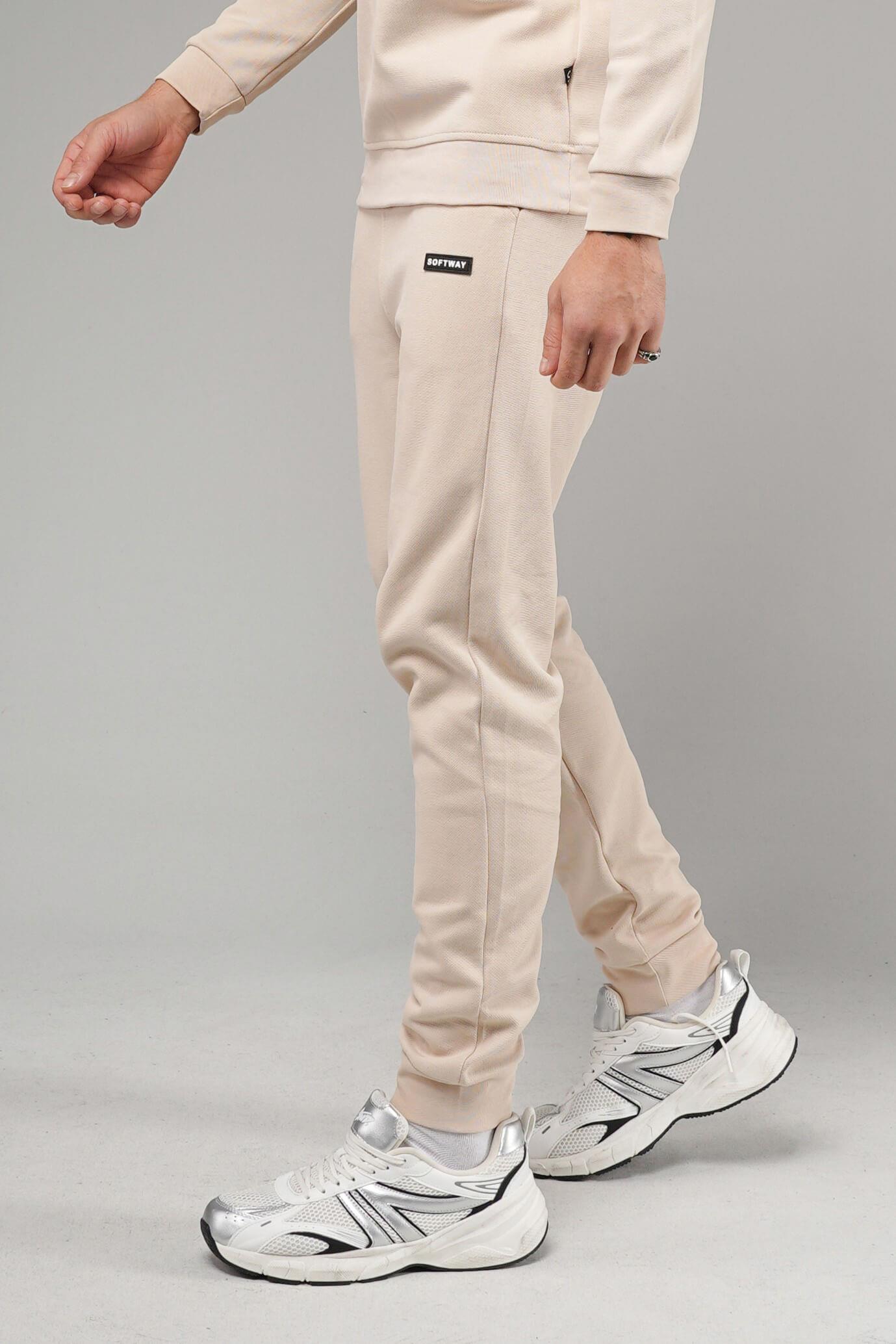 Unisex Regular Fit Cepli İnterlok Pike Eşofman Altı - Bej