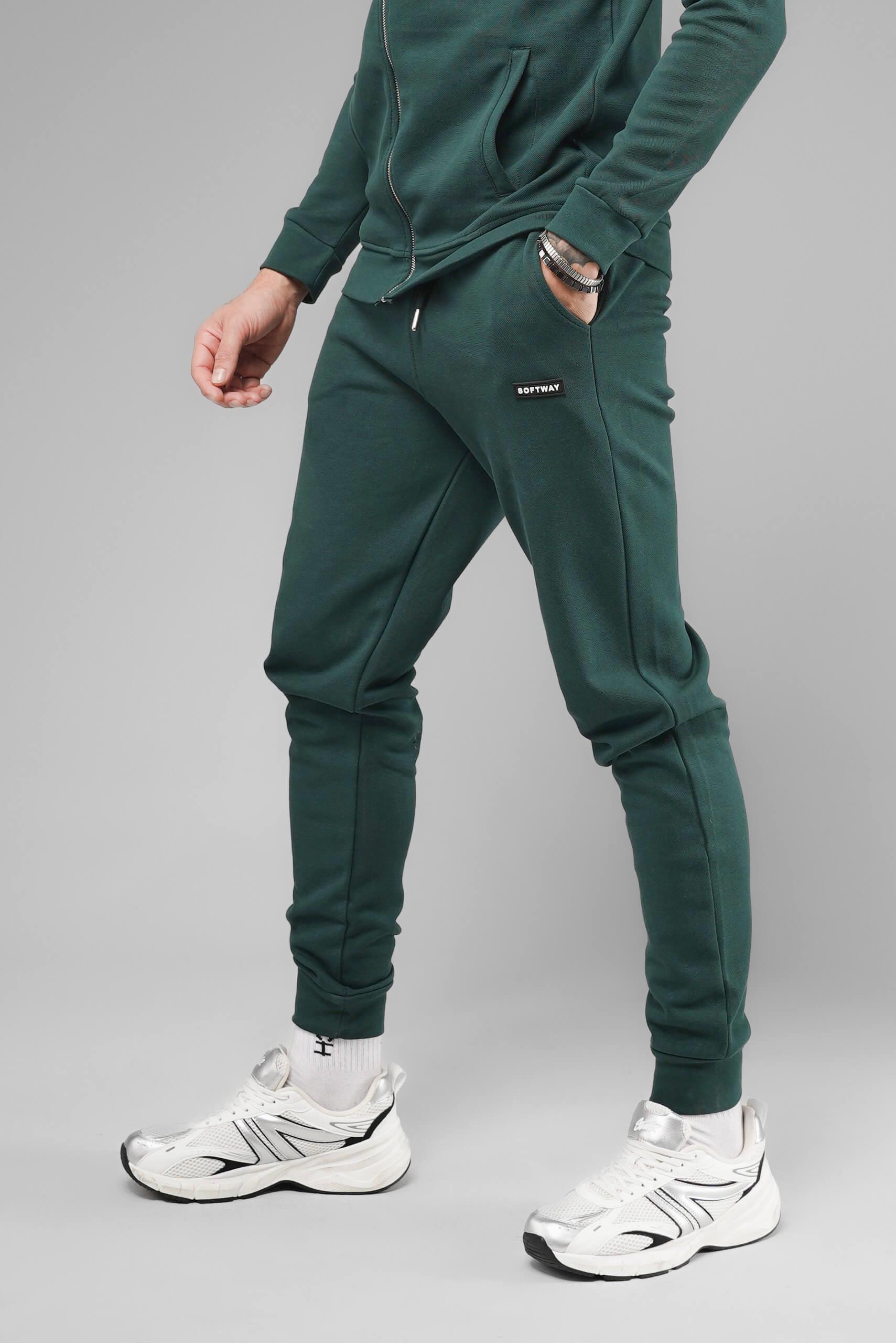 Unisex Regular Fit Cepli İnterlok Pike Eşofman Altı - Koyu Yeşil