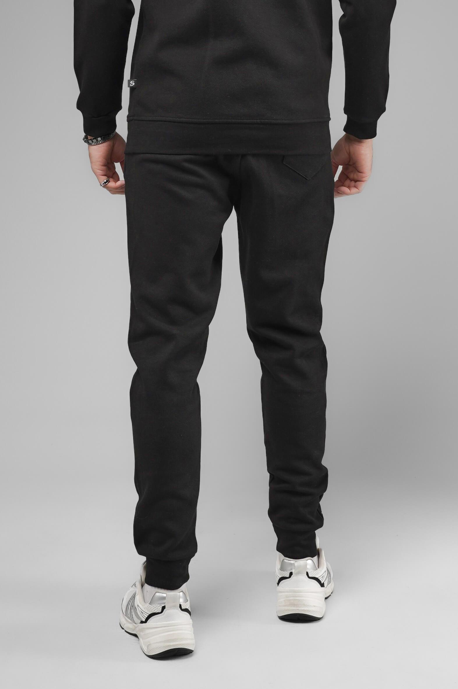 Unisex Regular Fit Cepli İnterlok Pike Eşofman Altı - Siyah