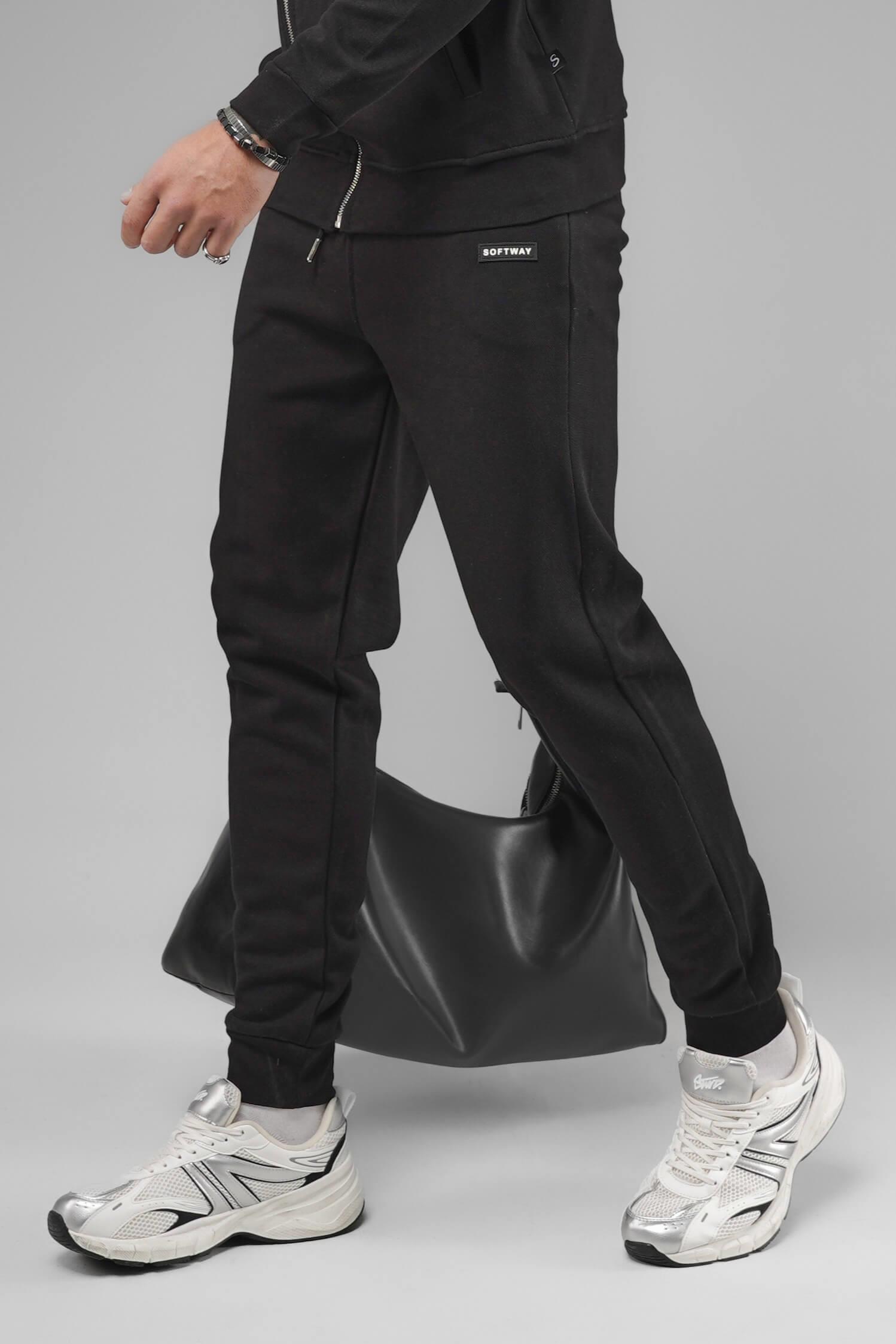 Unisex Regular Fit Cepli İnterlok Pike Eşofman Altı - Siyah