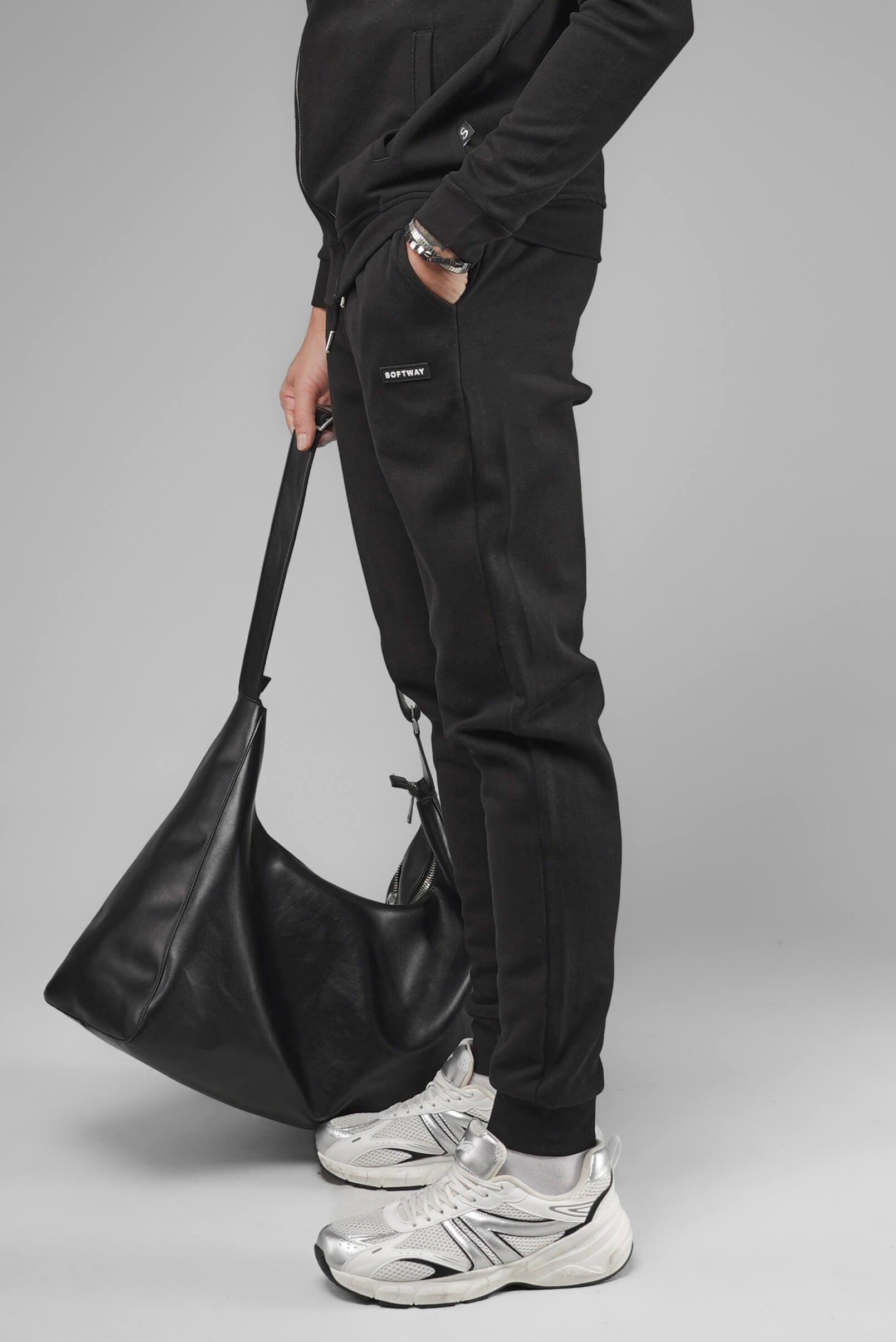Unisex Regular Fit Cepli İnterlok Pike Eşofman Altı - Siyah
