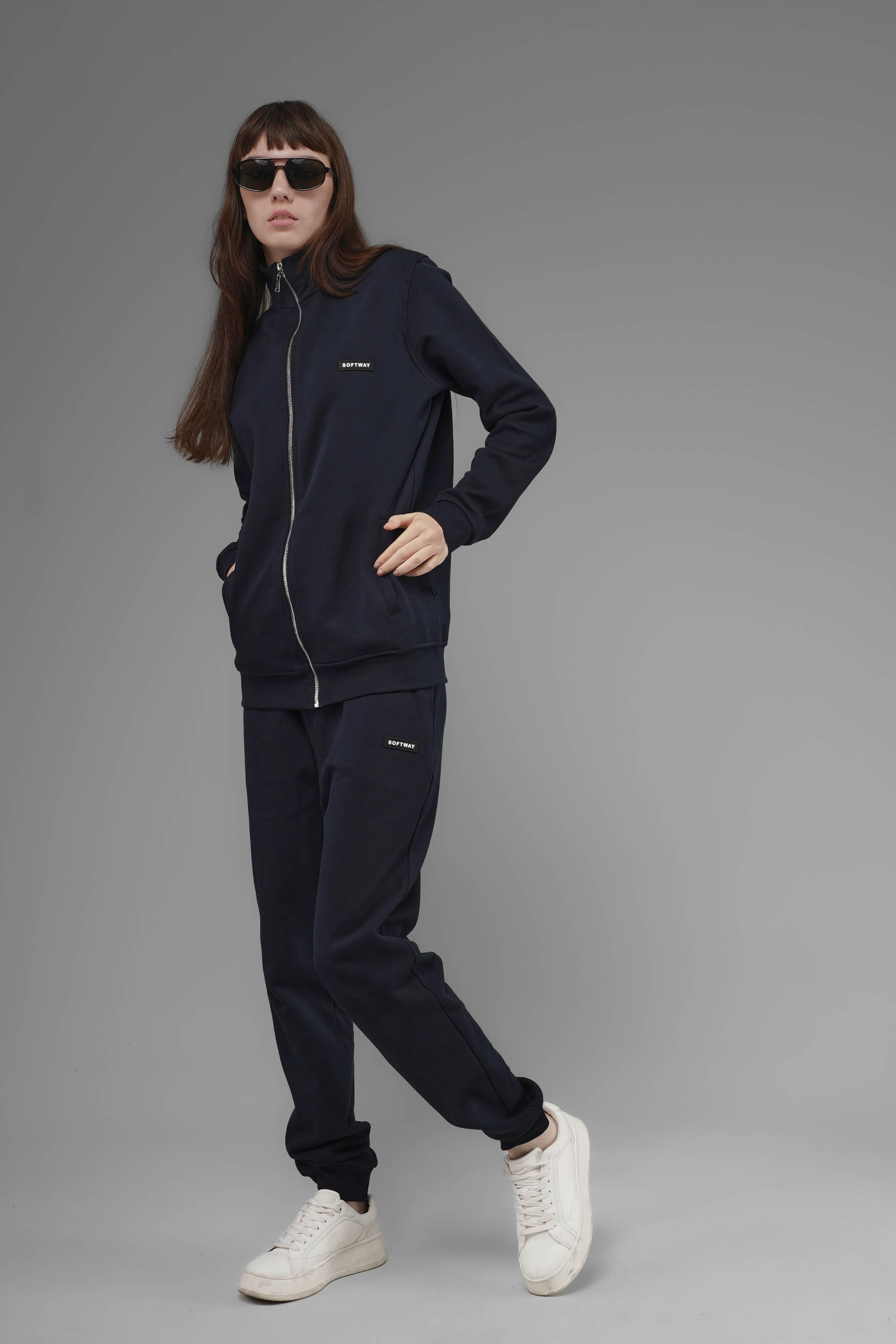 Unisex Regular Fit Dik Yaka Fermuarlı Cepli İnterlok Pike Sweatshirt - Lacivert
