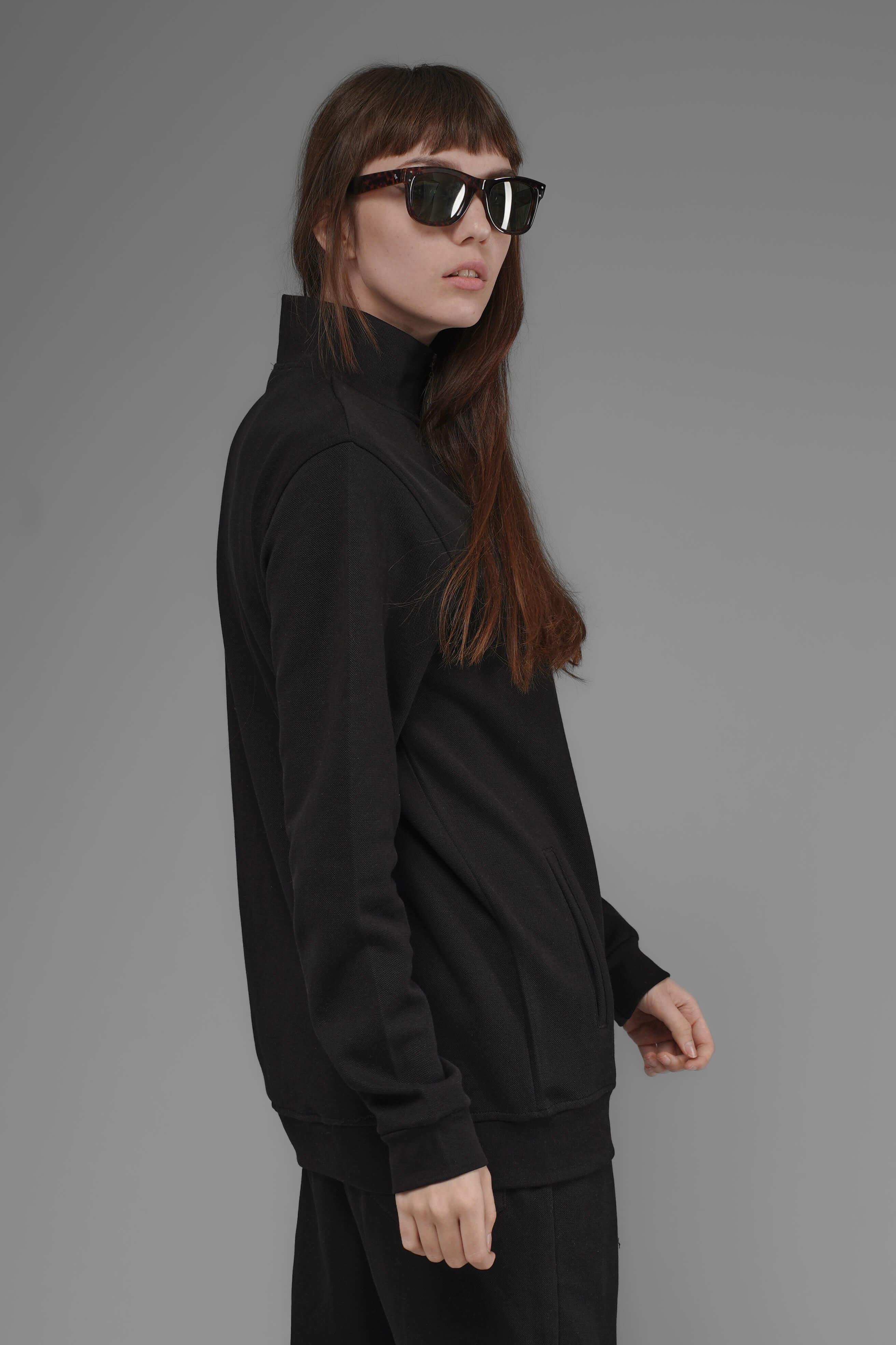 Unisex Regular Fit Dik Yaka Fermuarlı Cepli İnterlok Pike Sweatshirt - Siyah