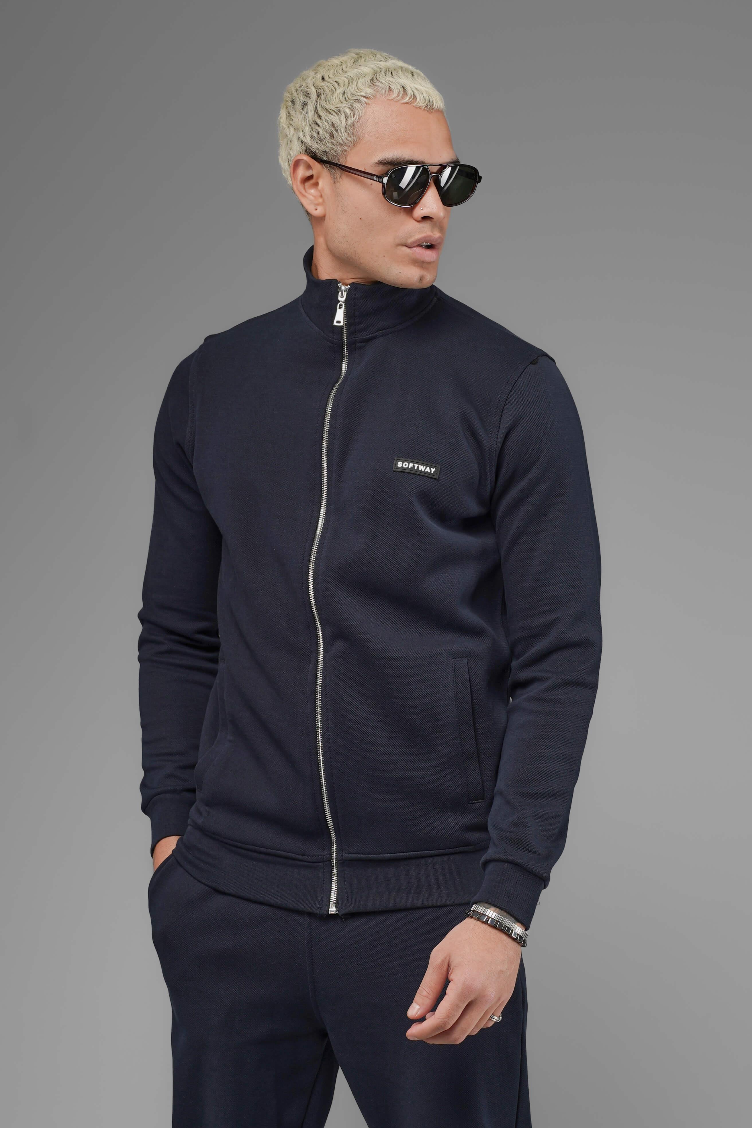 Unisex Regular Fit Dik Yaka Fermuarlı Cepli İnterlok Pike Sweatshirt - Lacivert