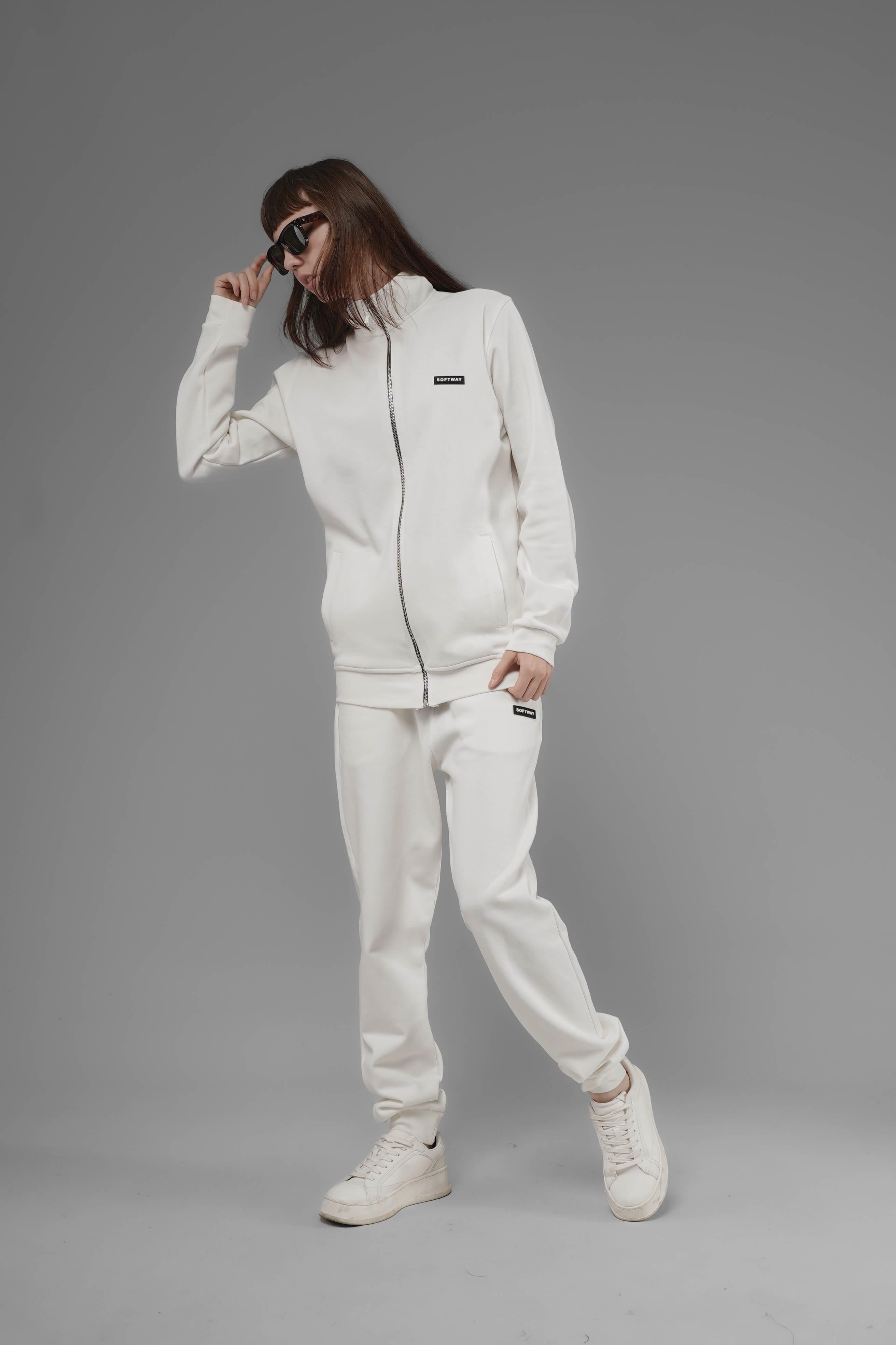 Unisex Regular Fit Dik Yaka Fermuarlı Cepli İnterlok Pike Sweatshirt - Beyaz