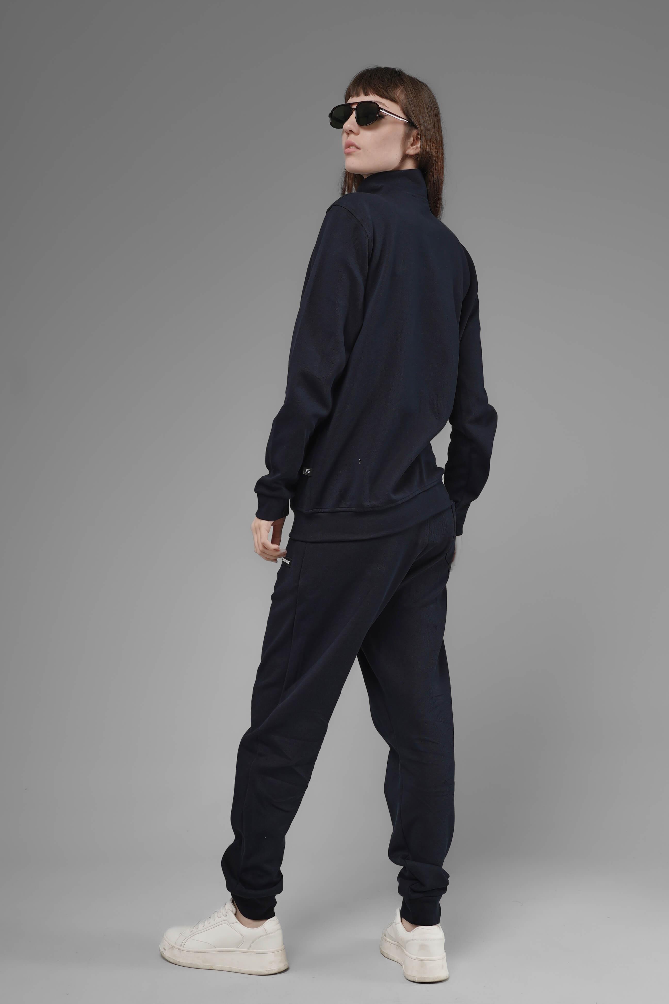Unisex Regular Fit Dik Yaka Fermuarlı Cepli İnterlok Pike Sweatshirt - Lacivert