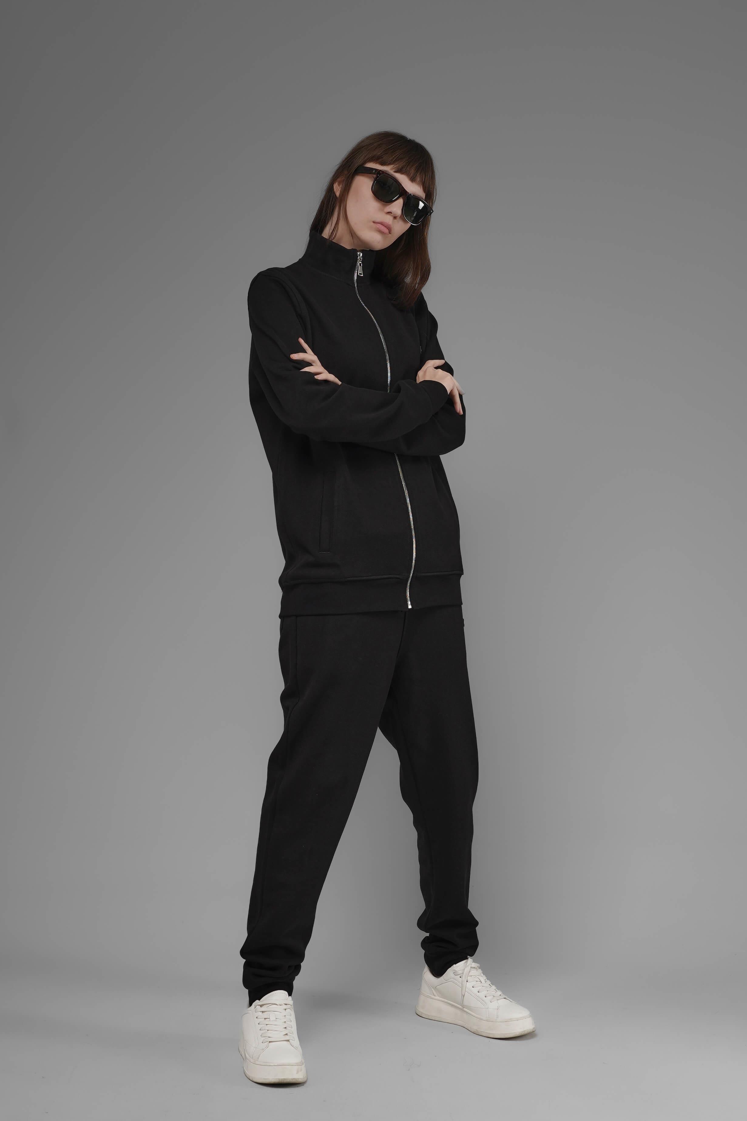 Unisex Regular Fit Dik Yaka Fermuarlı Cepli İnterlok Pike Sweatshirt - Siyah