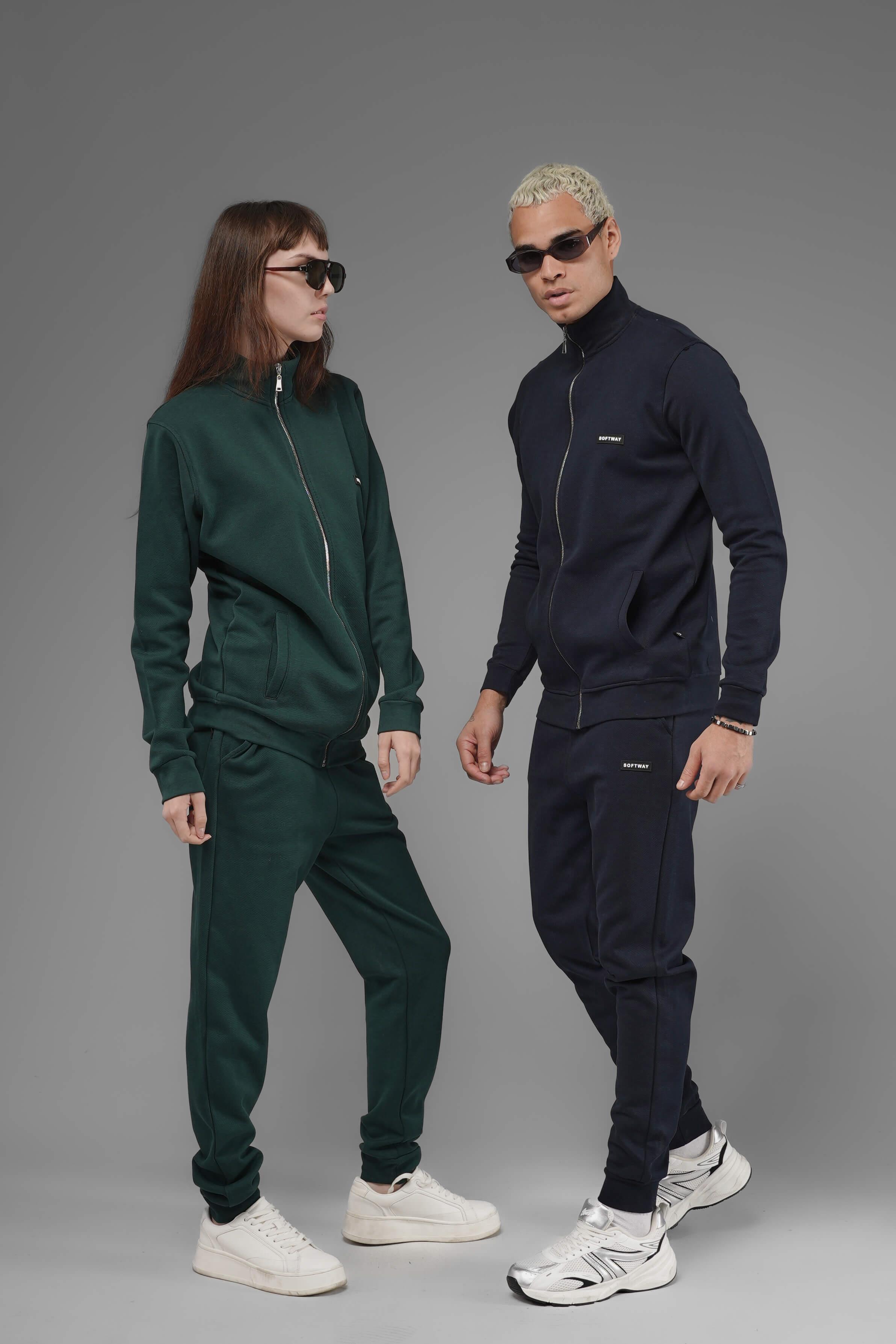 Unisex Regular Fit Dik Yaka Fermuarlı Cepli İnterlok Pike Sweatshirt - Lacivert