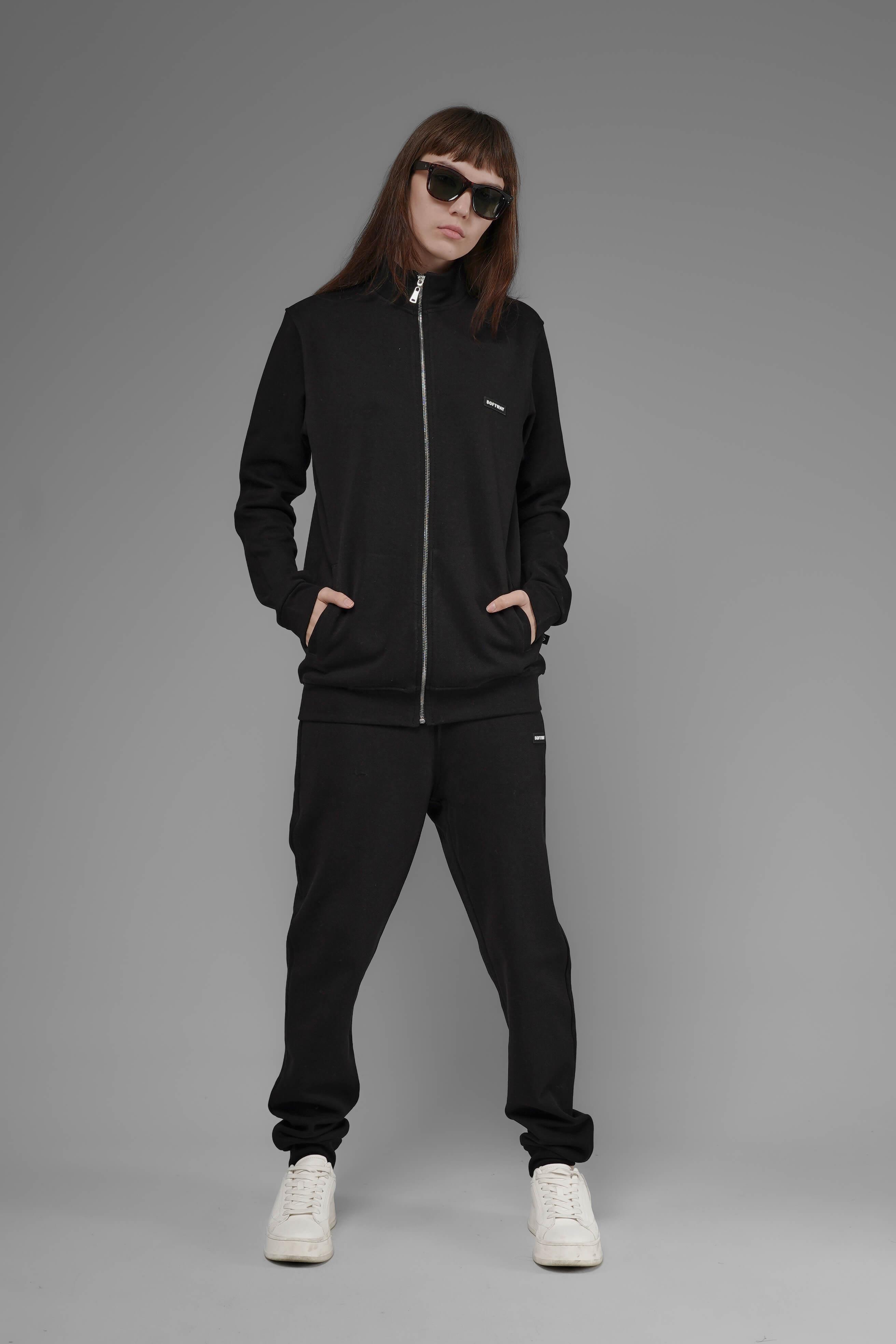 Unisex Regular Fit Dik Yaka Fermuarlı Cepli İnterlok Pike Sweatshirt - Siyah