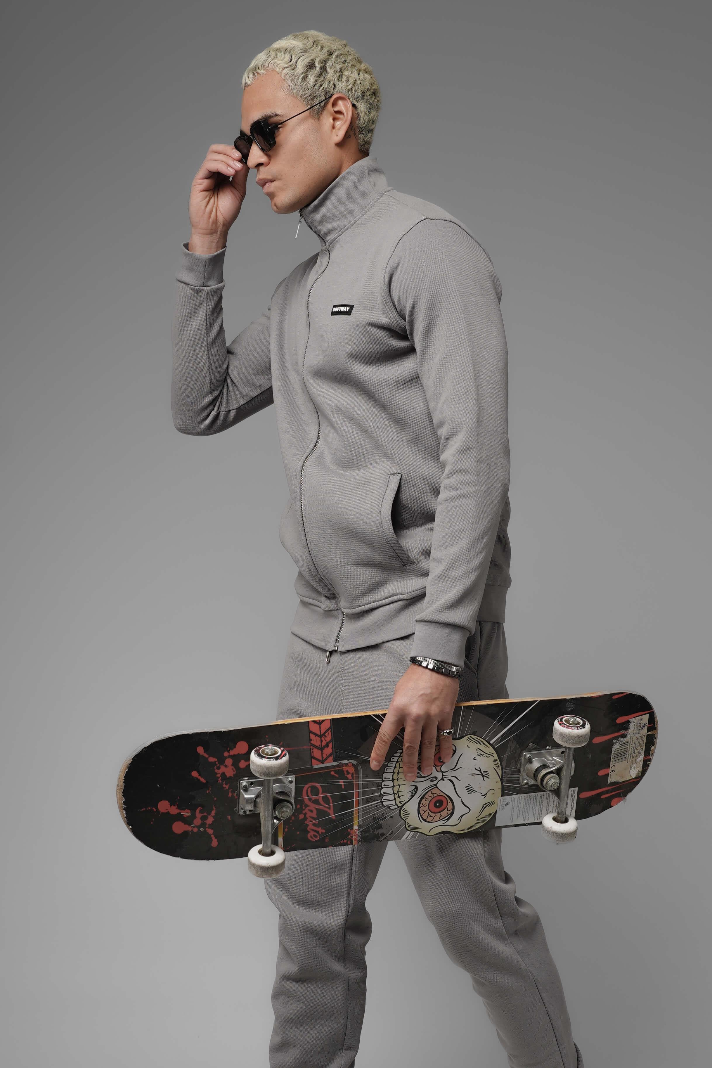 Unisex Regular Fit Dik Yaka Fermuarlı Cepli İnterlok Pike Sweatshirt - Gri