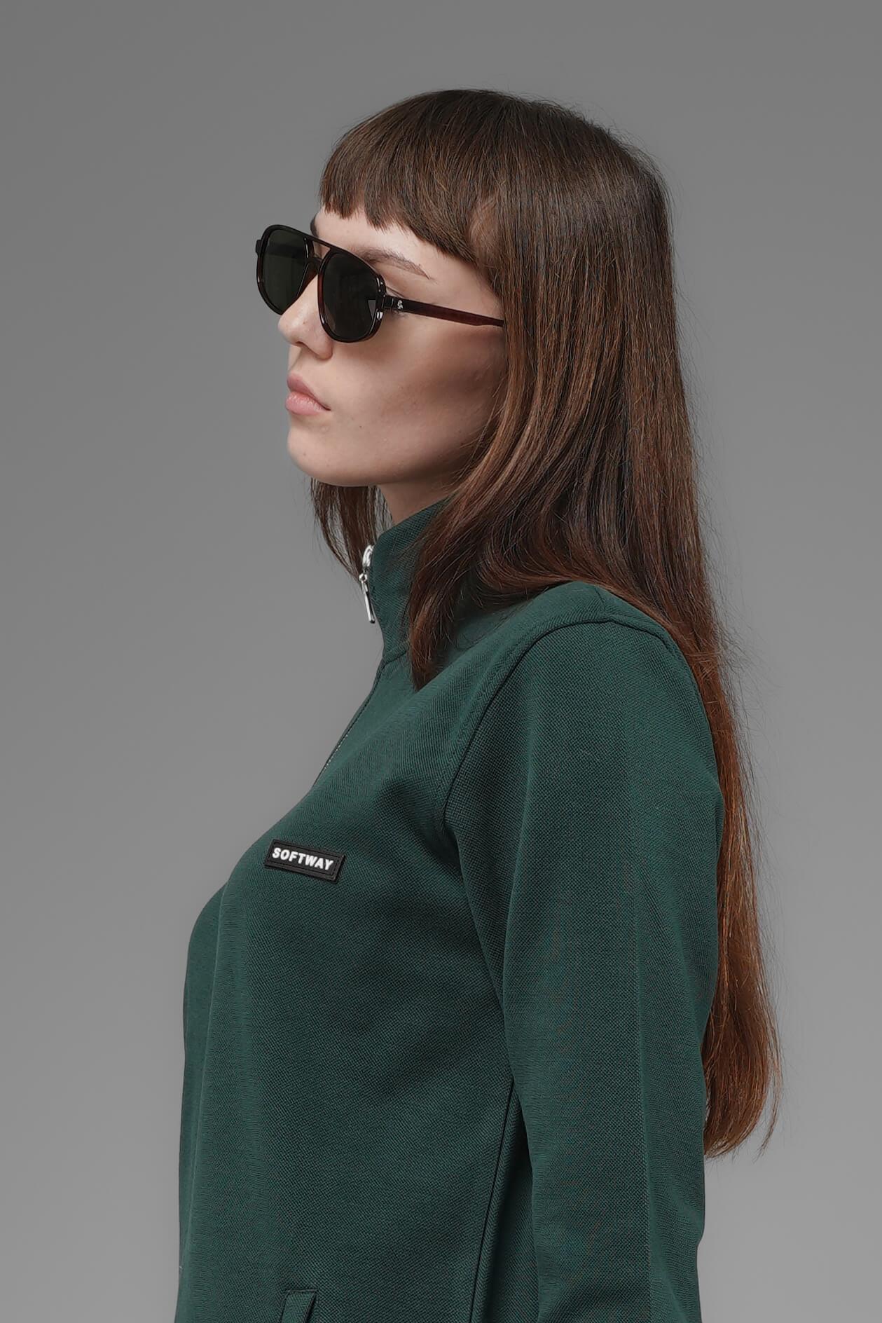 Unisex Regular Fit Dik Yaka Fermuarlı Cepli İnterlok Pike Sweatshirt  - Koyu Yeşil