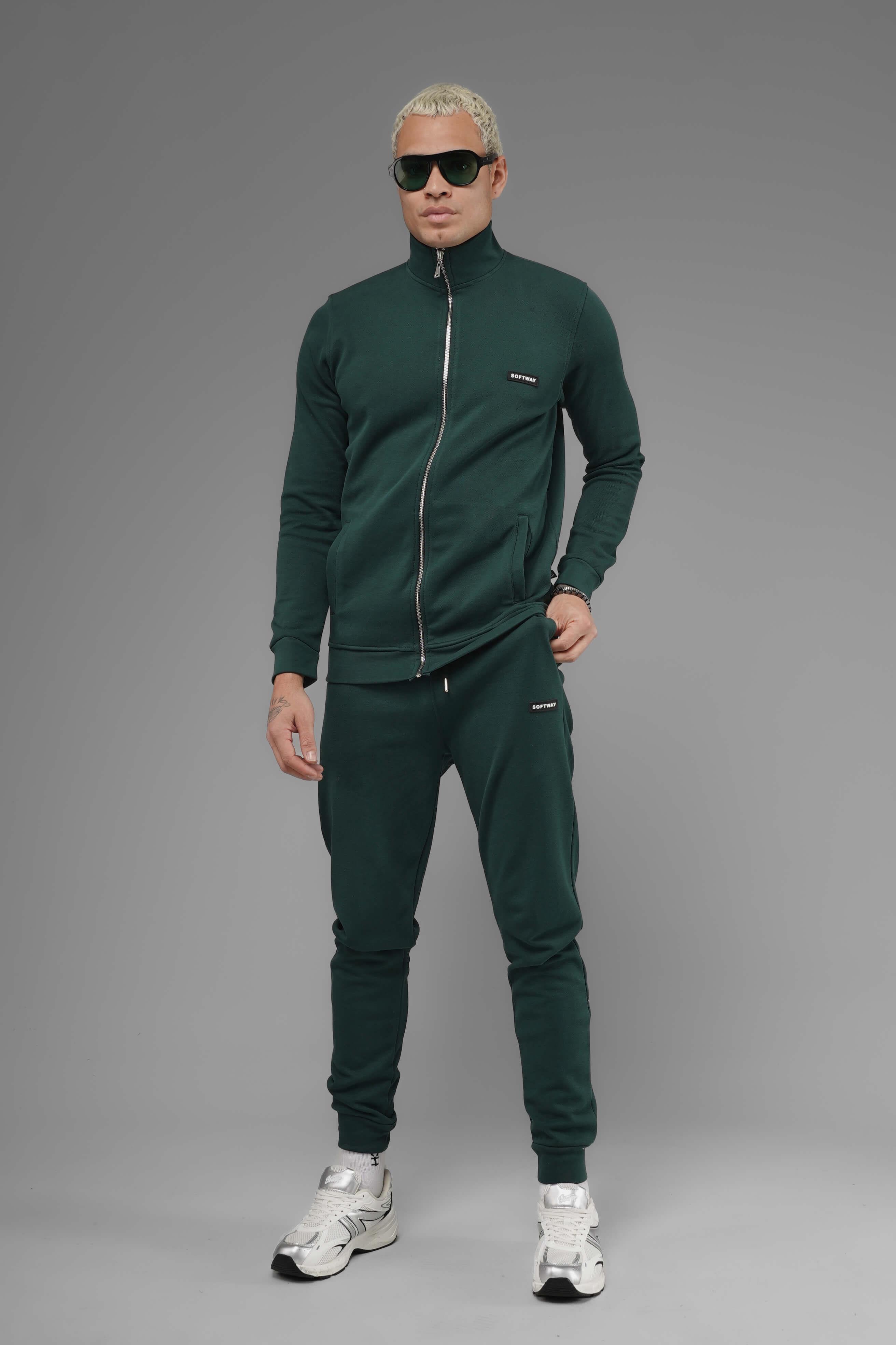 Unisex Regular Fit Dik Yaka Fermuarlı Cepli İnterlok Pike Sweatshirt  - Koyu Yeşil