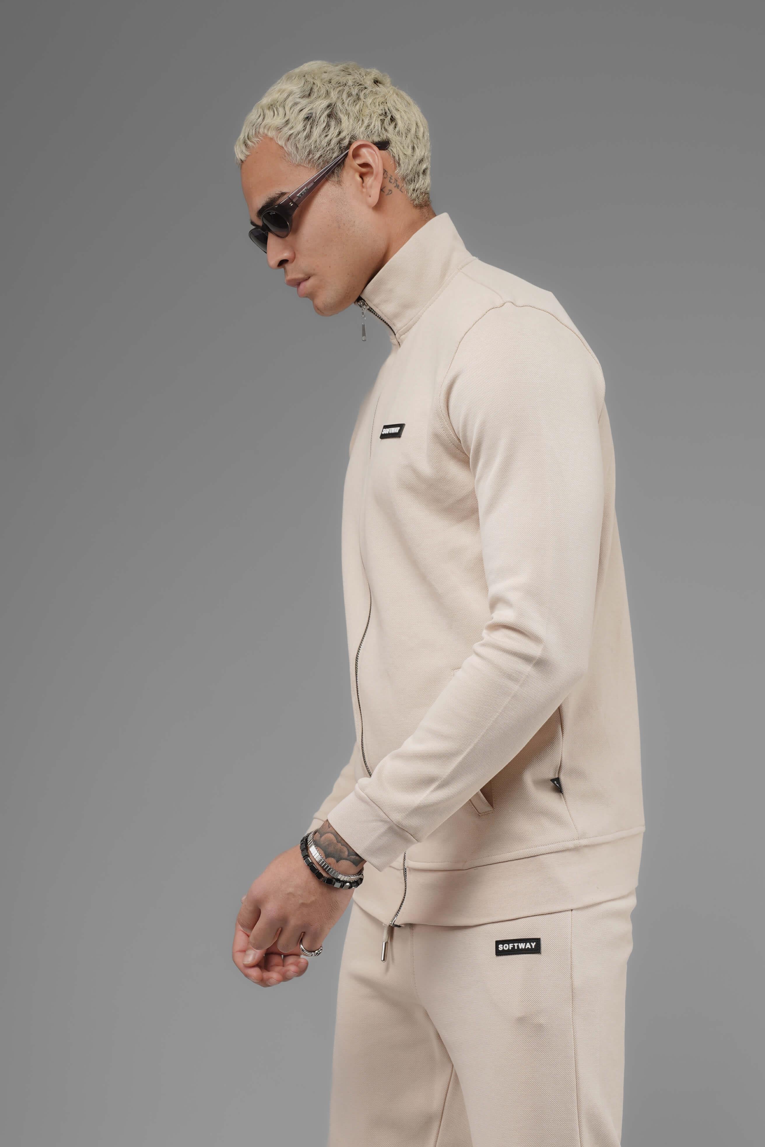 Unisex Regular Fit Dik Yaka Fermuarlı Cepli İnterlok Pike Sweatshirt  - Bej