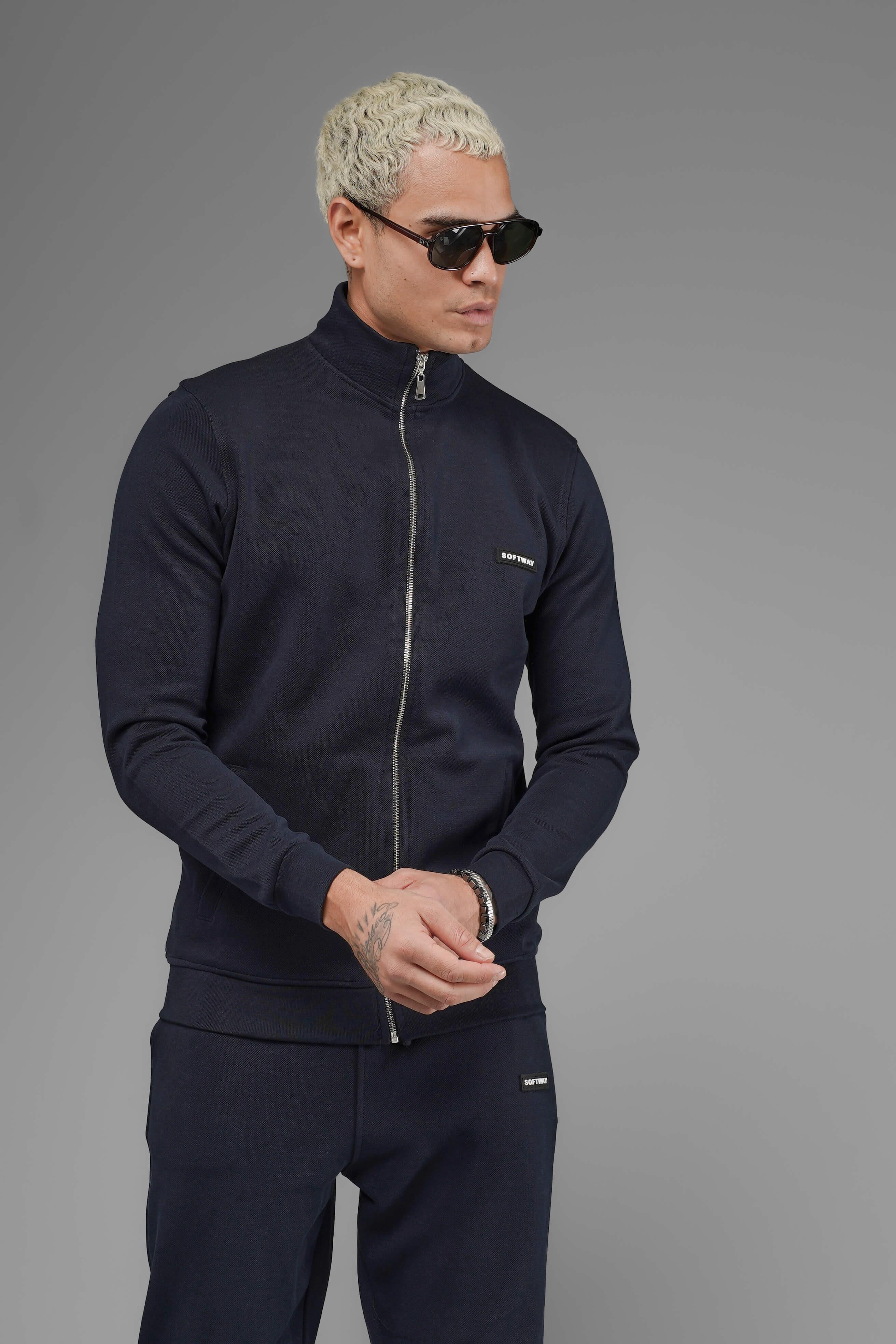 Unisex Regular Fit Dik Yaka Fermuarlı Cepli İnterlok Pike Sweatshirt - Lacivert