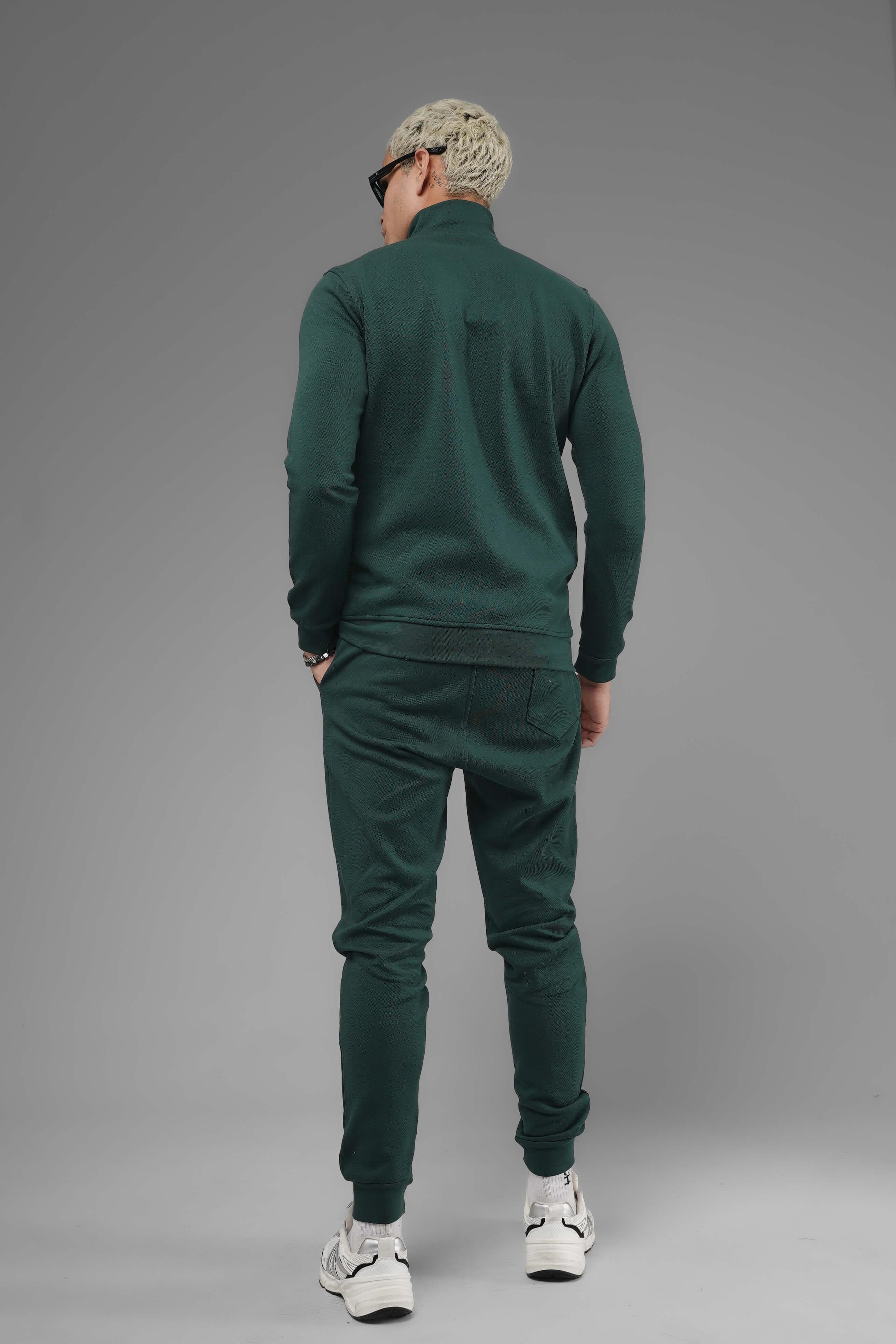 Unisex Regular Fit Dik Yaka Fermuarlı Cepli İnterlok Pike Sweatshirt  - Koyu Yeşil