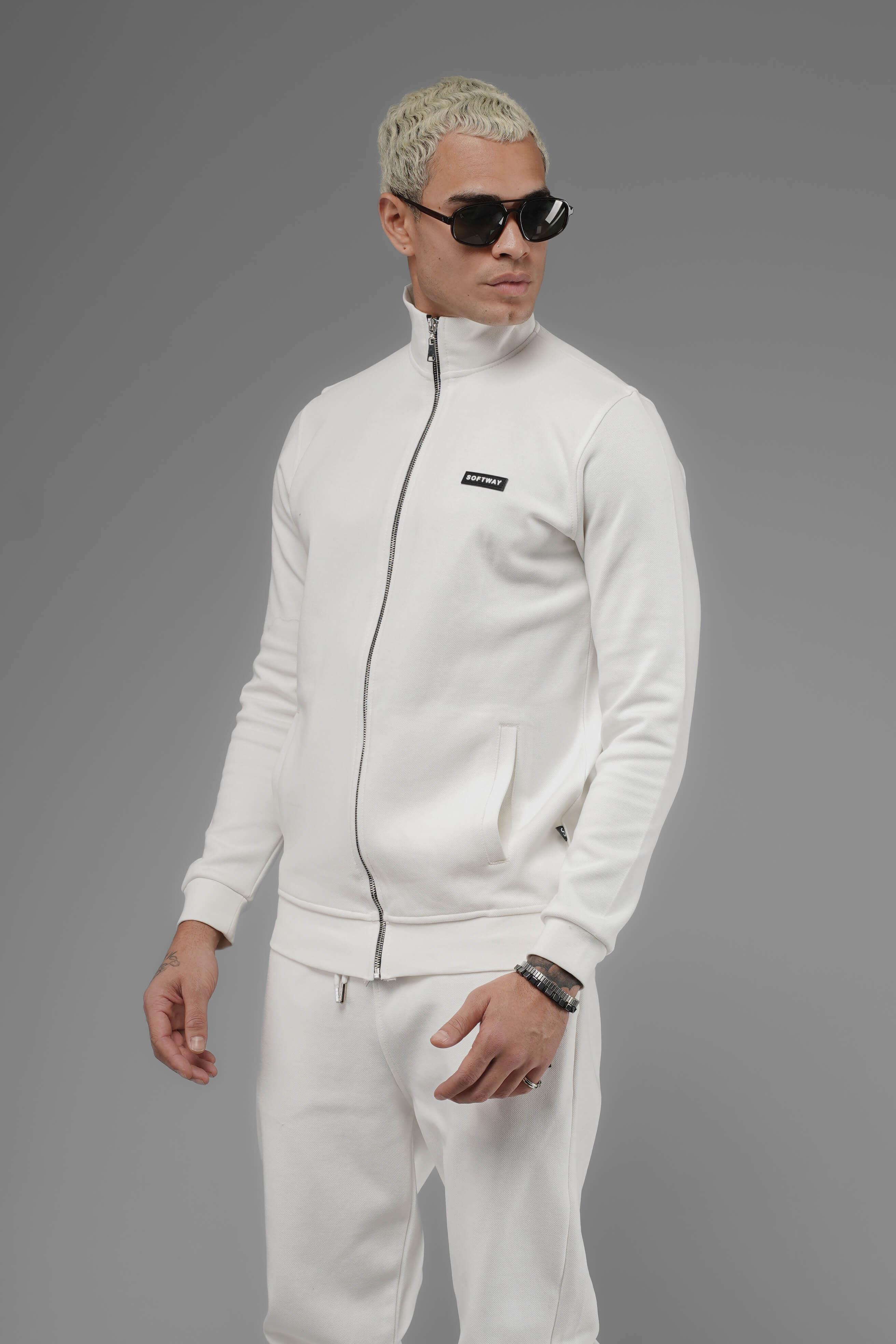 Unisex Regular Fit Dik Yaka Fermuarlı Cepli İnterlok Pike Sweatshirt - Beyaz