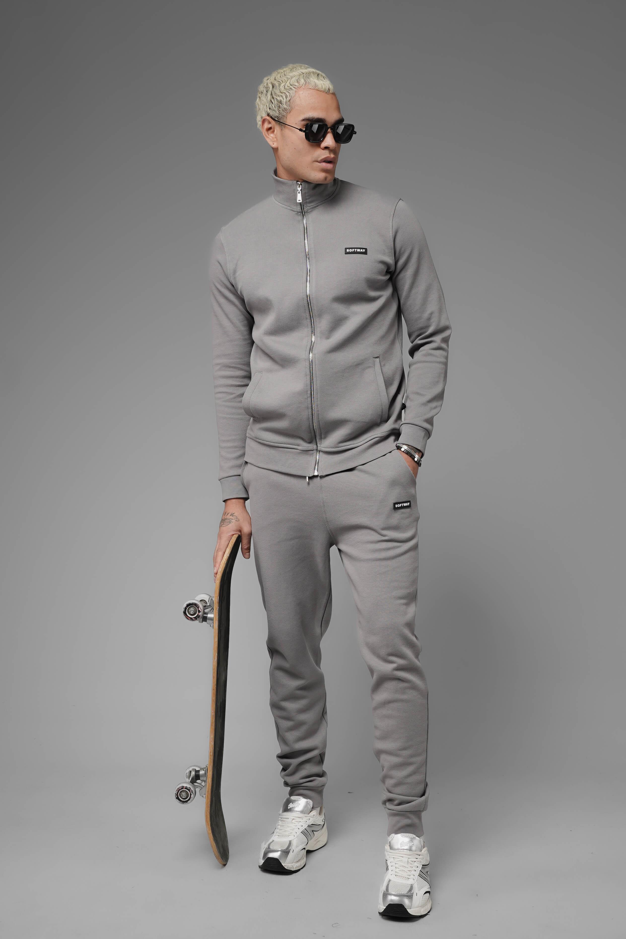 Unisex Regular Fit Dik Yaka Fermuarlı Cepli İnterlok Pike Sweatshirt - Gri