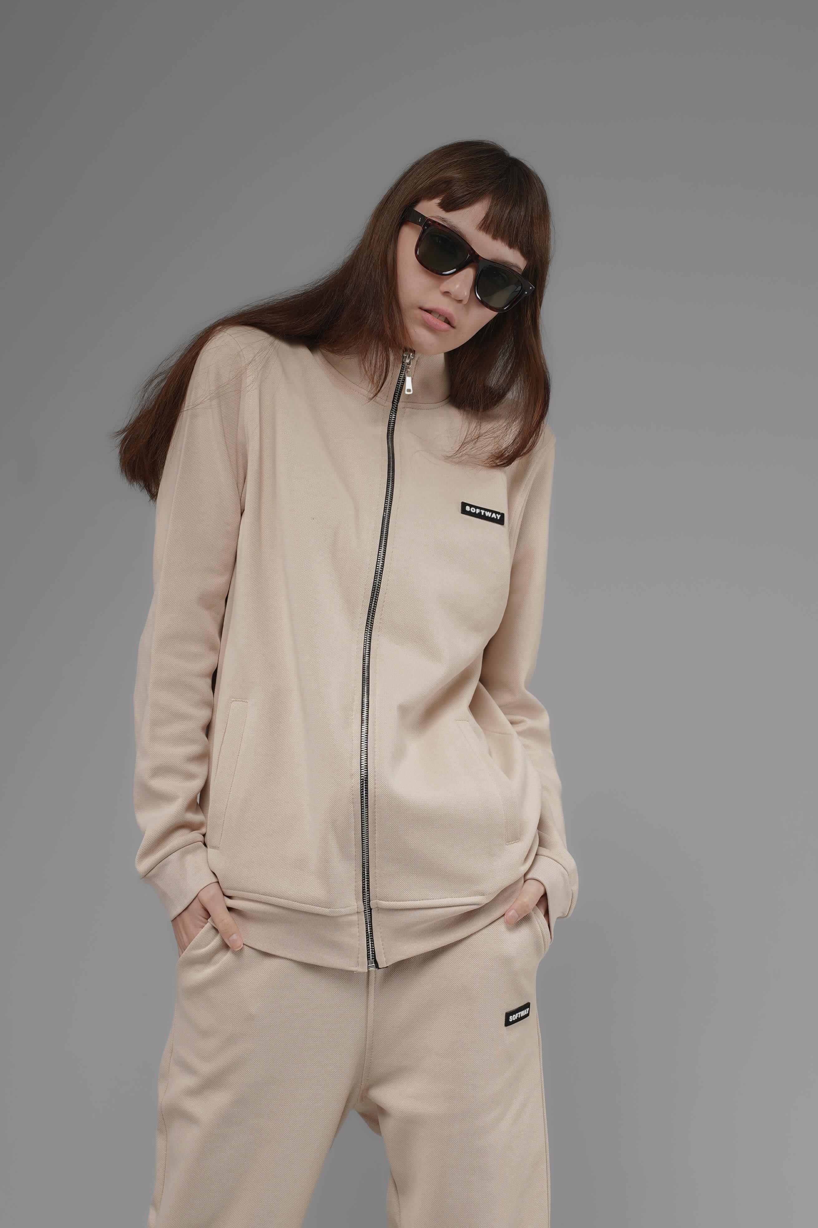 Unisex Regular Fit Dik Yaka Fermuarlı Cepli İnterlok Pike Sweatshirt  - Bej