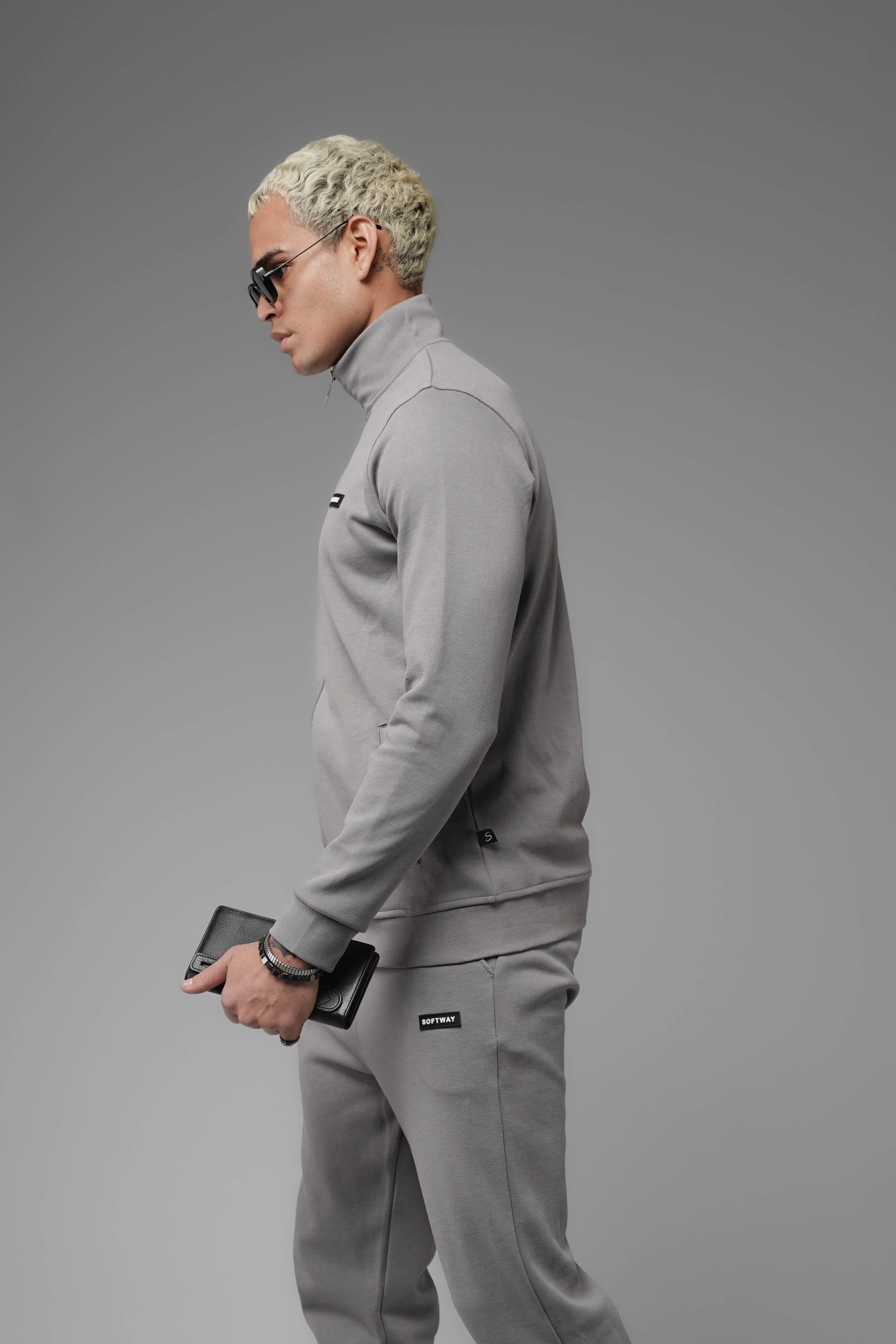Unisex Regular Fit Dik Yaka Fermuarlı Cepli İnterlok Pike Sweatshirt - Gri