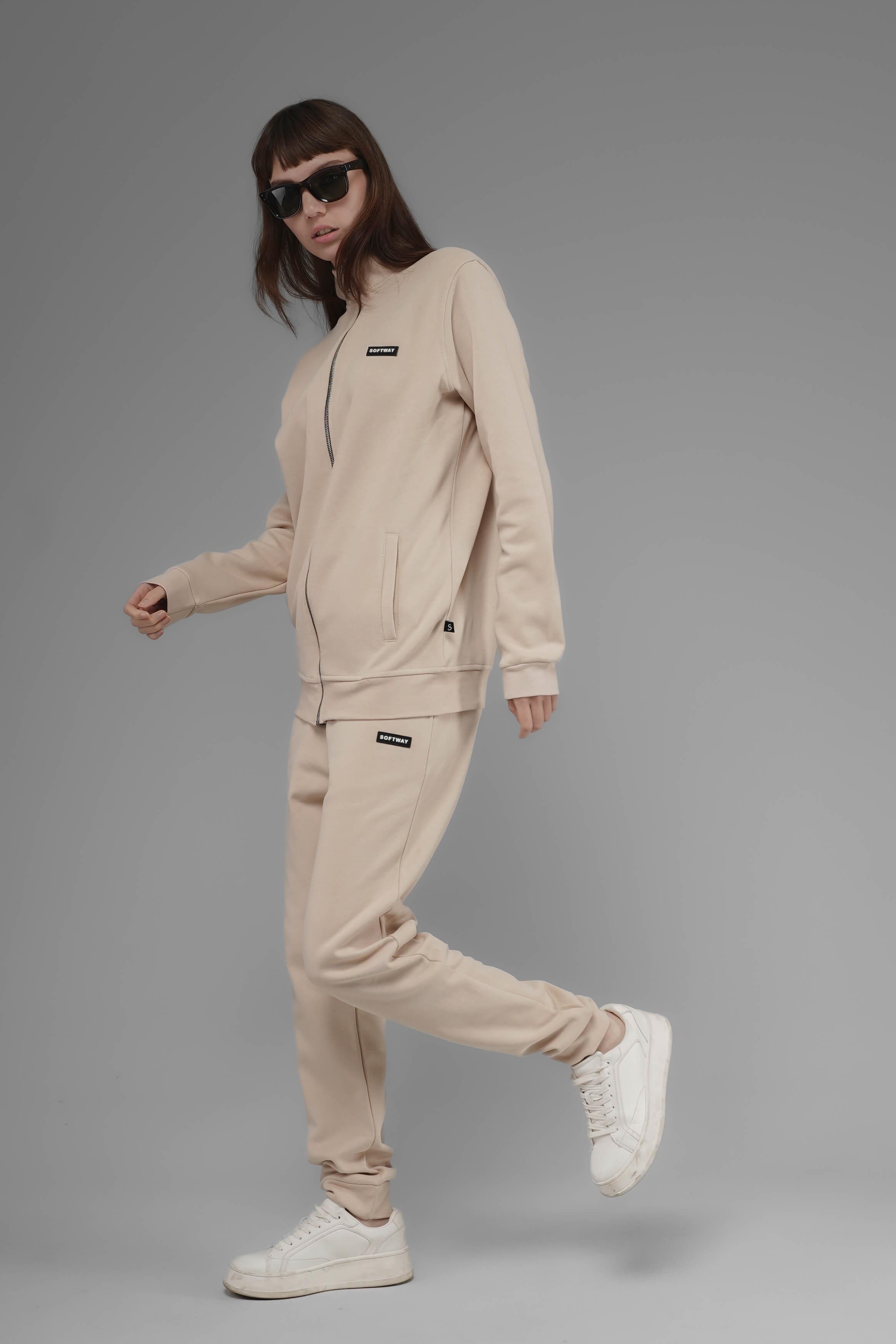 Unisex Regular Fit Dik Yaka Fermuarlı Cepli İnterlok Pike Sweatshirt  - Bej