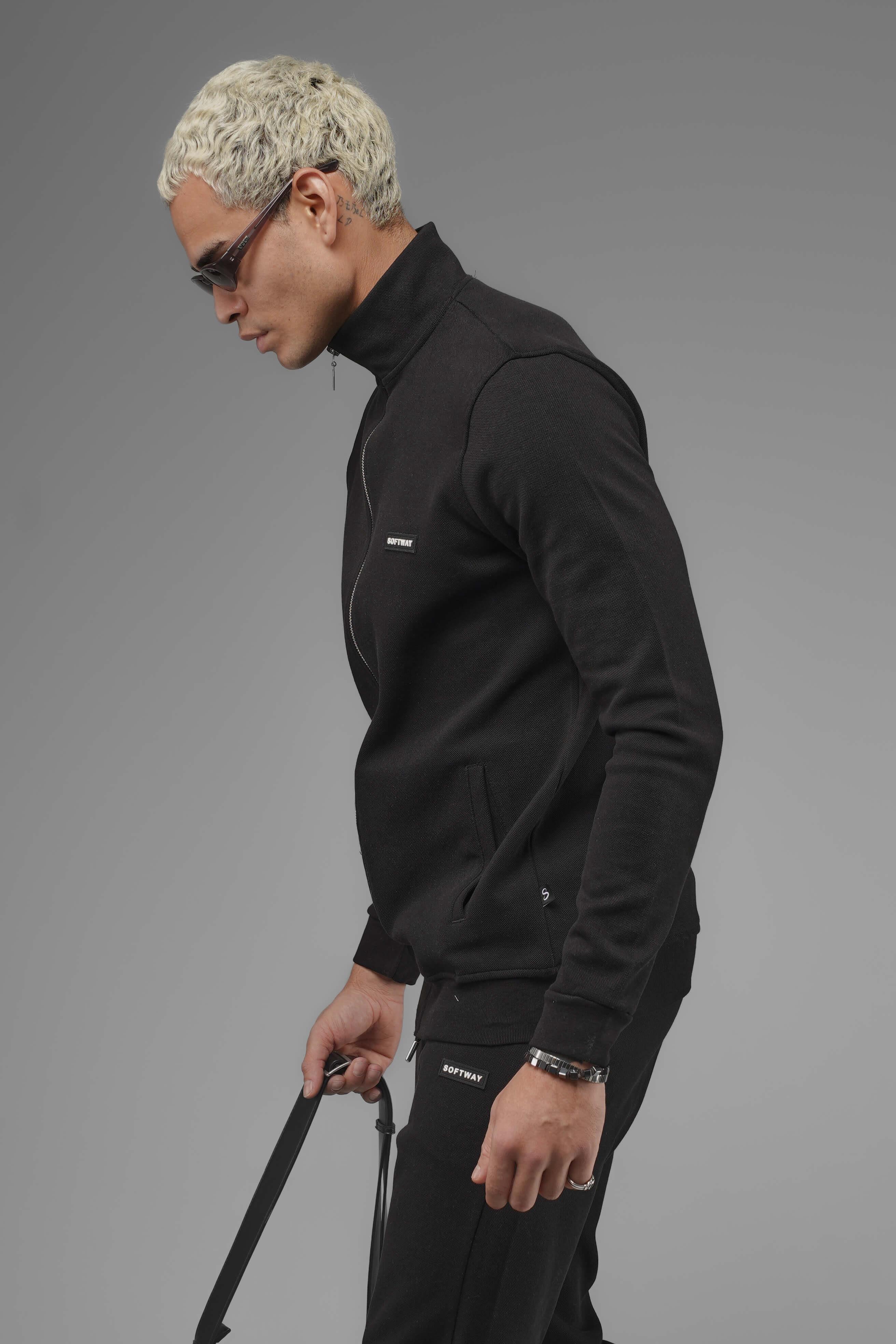 Unisex Regular Fit Dik Yaka Fermuarlı Cepli İnterlok Pike Sweatshirt - Siyah