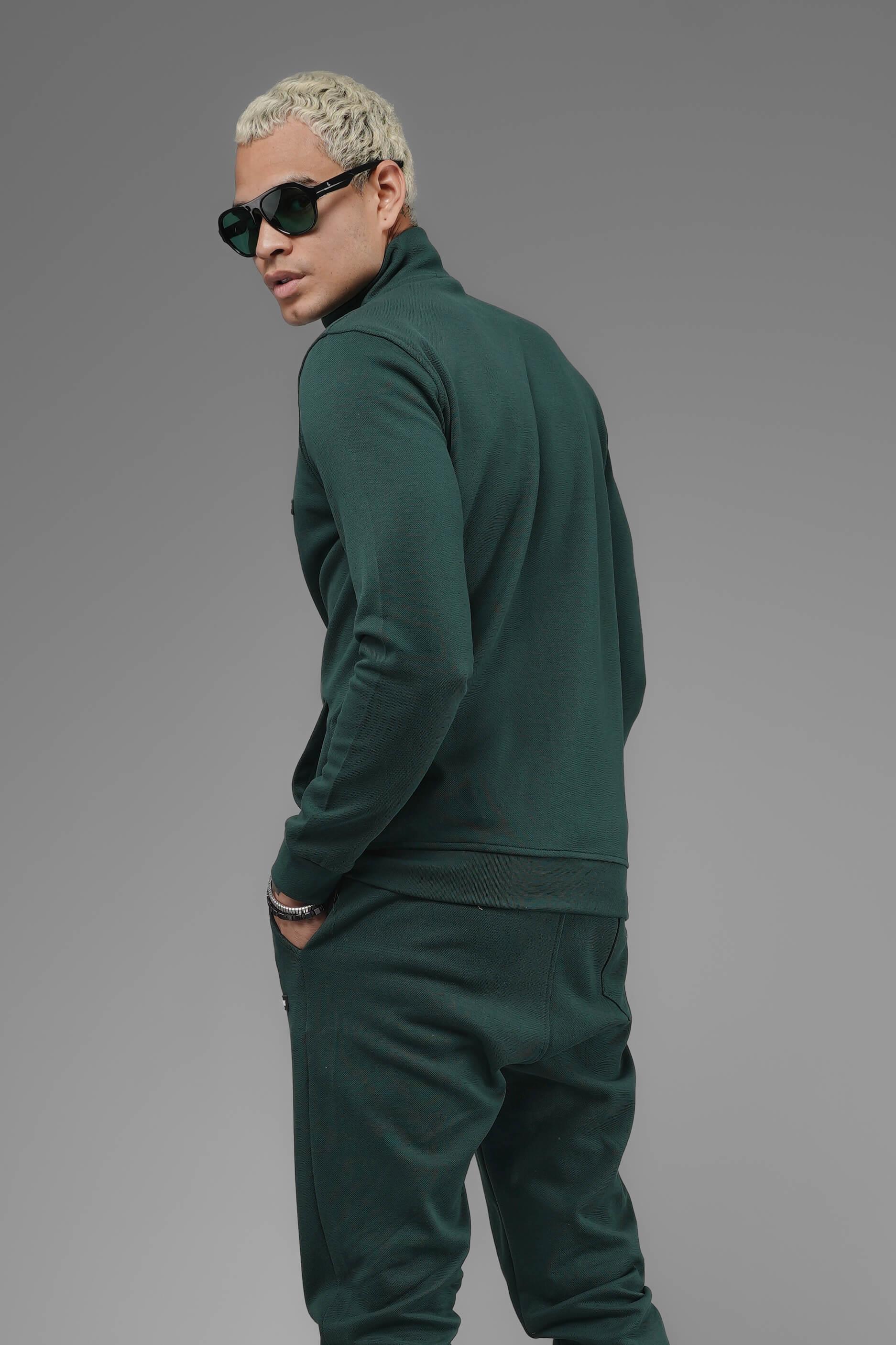 Unisex Regular Fit Dik Yaka Fermuarlı Cepli İnterlok Pike Sweatshirt  - Koyu Yeşil
