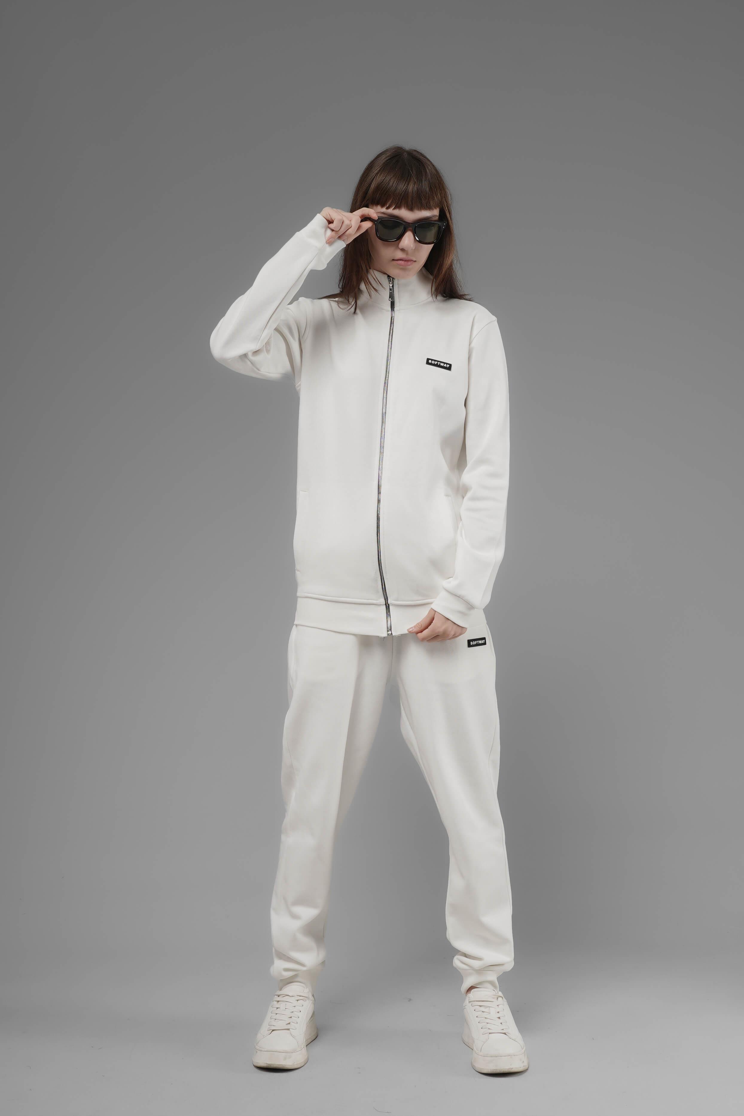 Unisex Regular Fit Dik Yaka Fermuarlı Cepli İnterlok Pike Sweatshirt - Beyaz