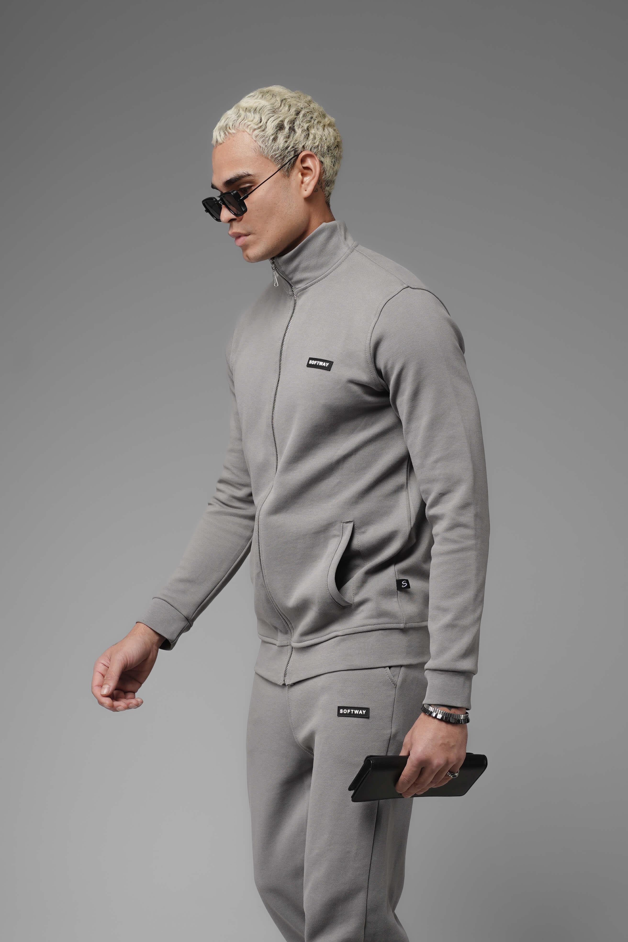 Unisex Regular Fit Dik Yaka Fermuarlı Cepli İnterlok Pike Sweatshirt - Gri