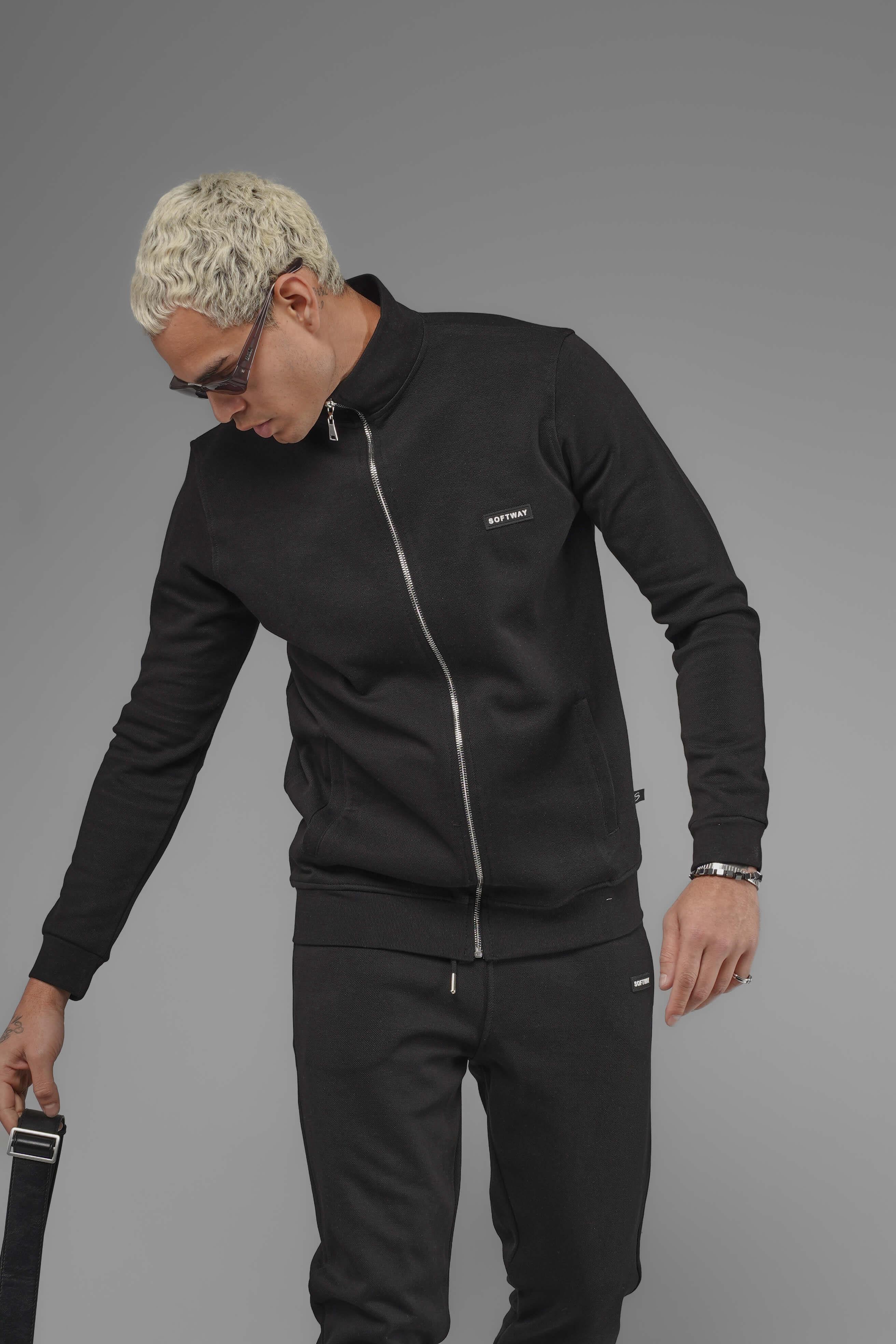Unisex Regular Fit Dik Yaka Fermuarlı Cepli İnterlok Pike Sweatshirt - Siyah