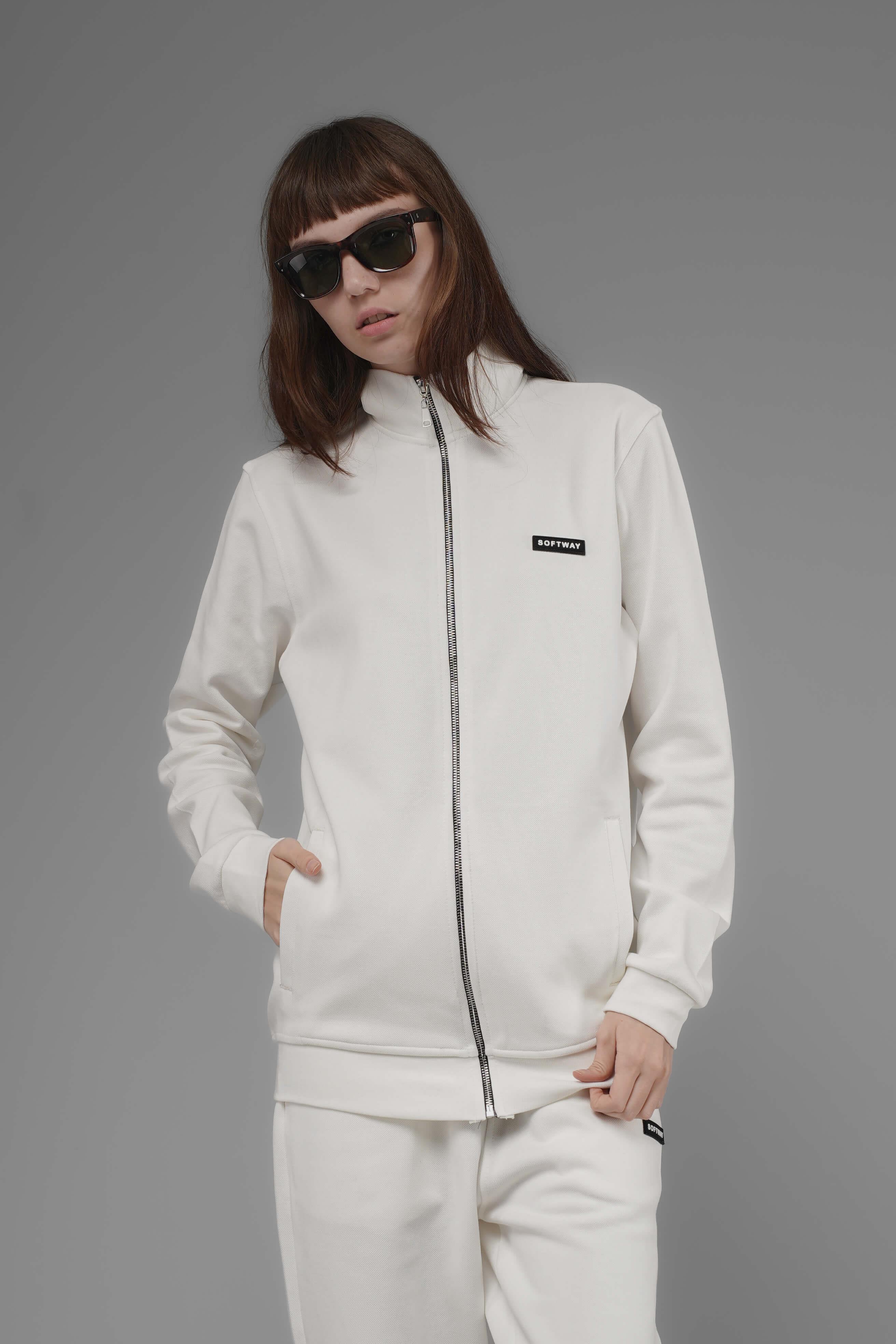 Unisex Regular Fit Dik Yaka Fermuarlı Cepli İnterlok Pike Sweatshirt - Beyaz
