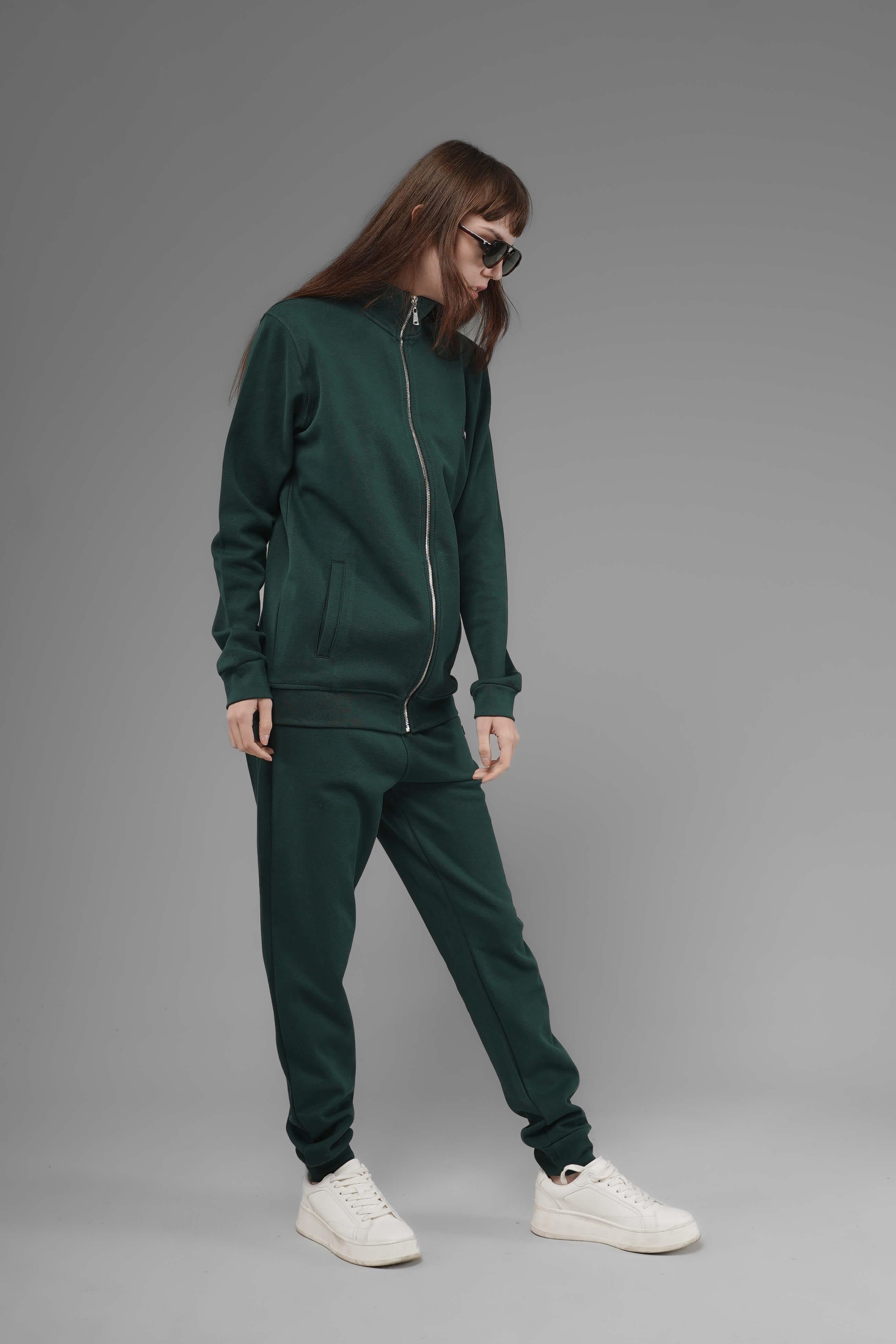 Unisex Regular Fit Dik Yaka Fermuarlı Cepli İnterlok Pike Sweatshirt  - Koyu Yeşil