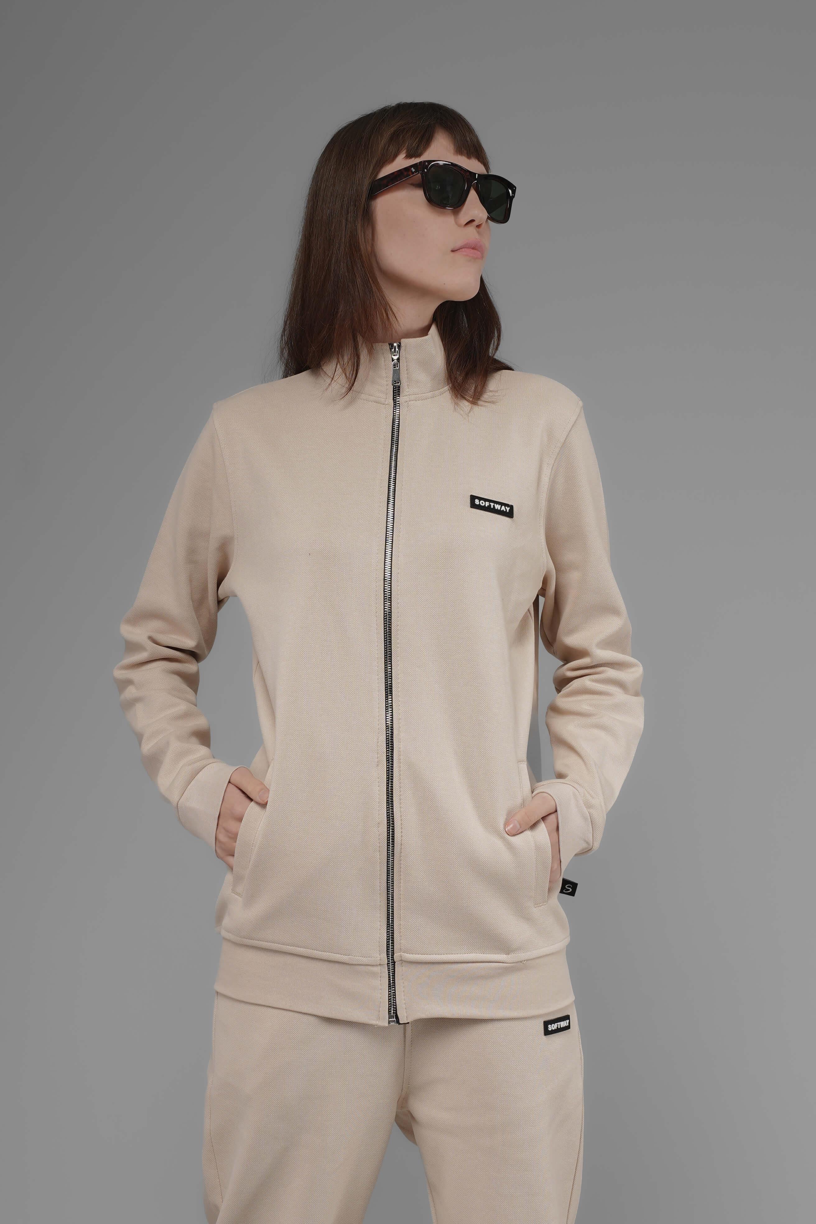 Unisex Regular Fit Dik Yaka Fermuarlı Cepli İnterlok Pike Sweatshirt  - Bej