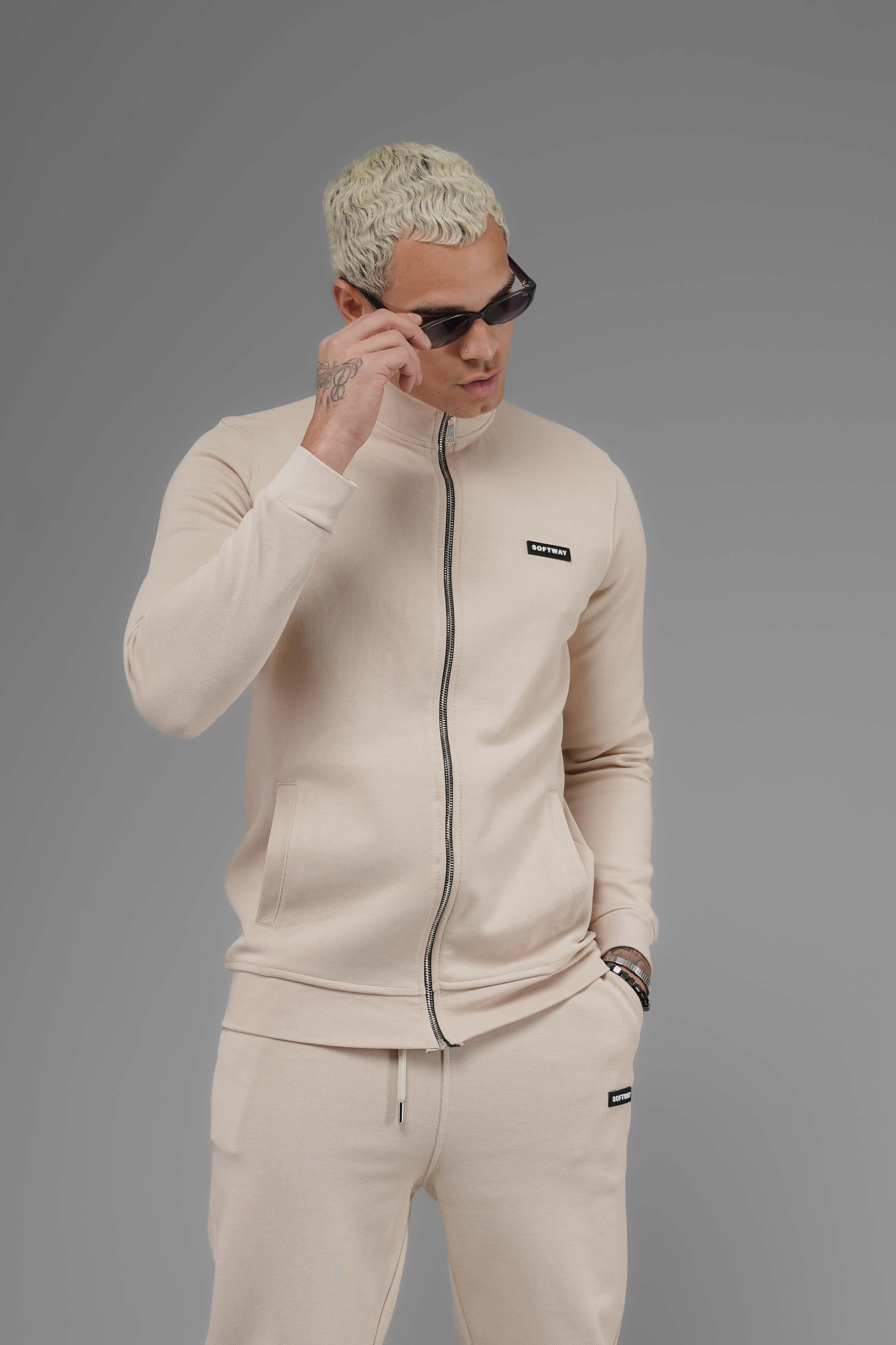 Unisex Regular Fit Dik Yaka Fermuarlı Cepli İnterlok Pike Sweatshirt  - Bej