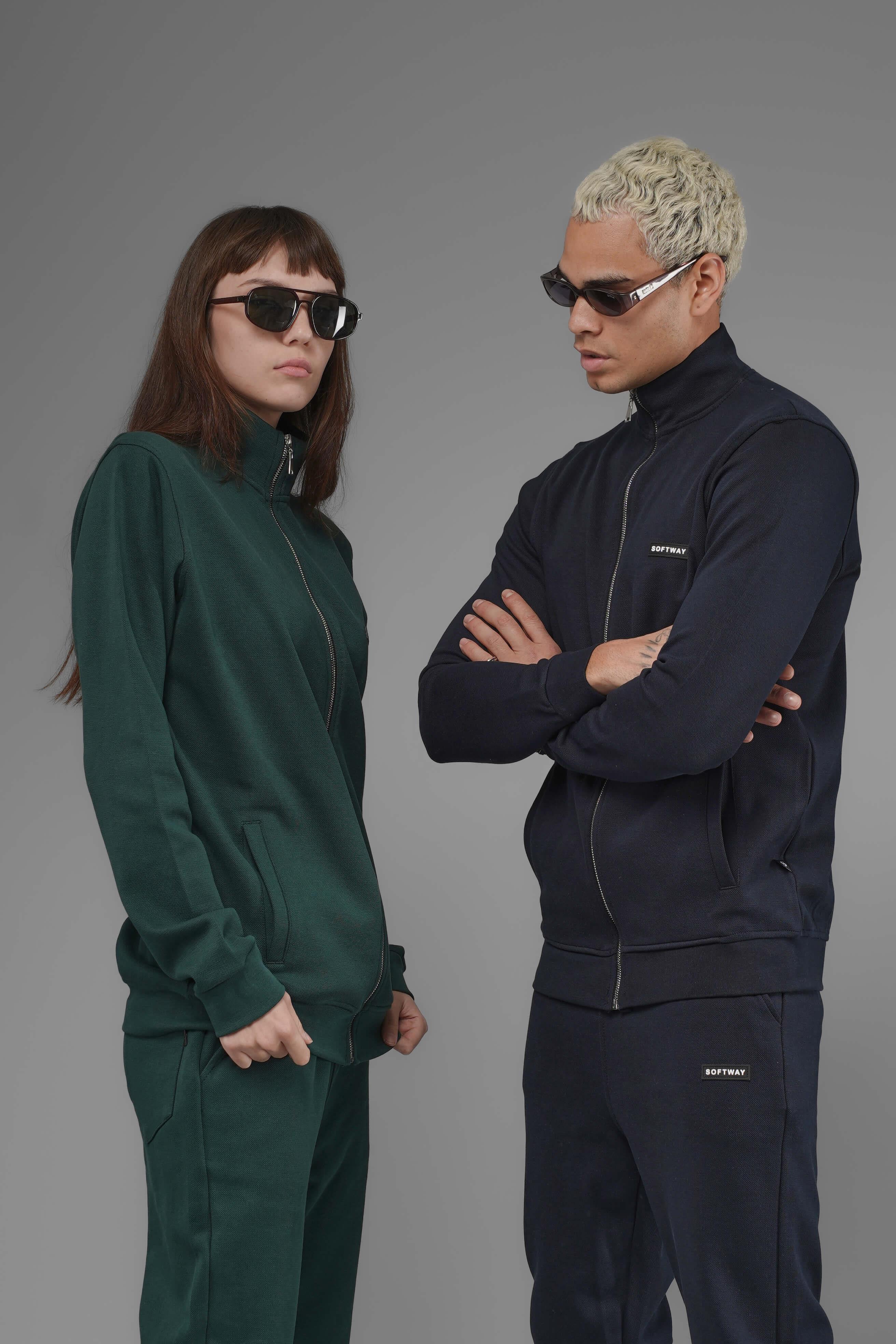 Unisex Regular Fit Dik Yaka Fermuarlı Cepli İnterlok Pike Sweatshirt  - Koyu Yeşil